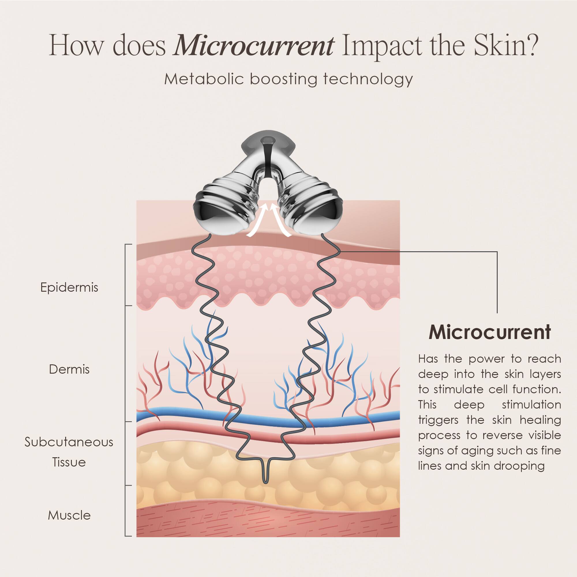 How does Microcurrent Impact the Skin?  
Metabolic boosting technology

Epidermis  
Microcurrent  
Dermis  
Subcutaneous Tissue  
Muscle

Has the power to reach deep into the skin layers to stimulate cell function. This deep stimulation triggers the skin healing process to reverse visible signs of aging such as fine lines and skin drooping