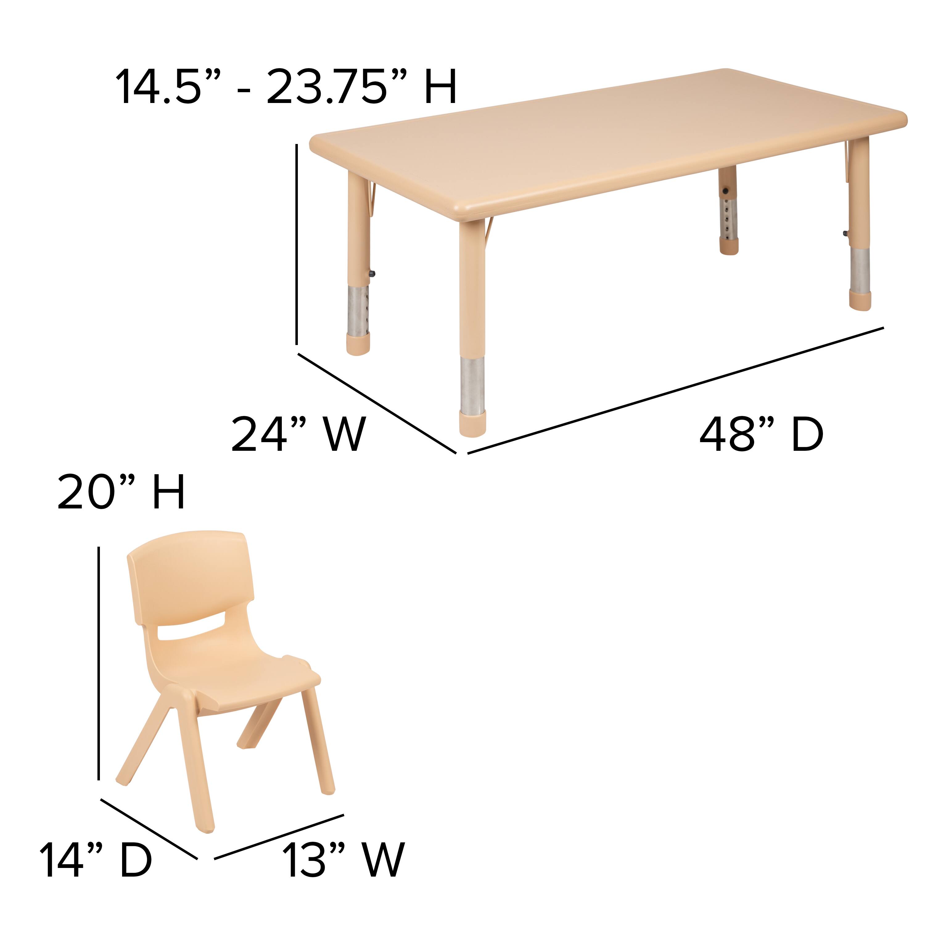 14.5" - 23.75" H  
24" W  
48" D  
20" H  
14" D  
13" W