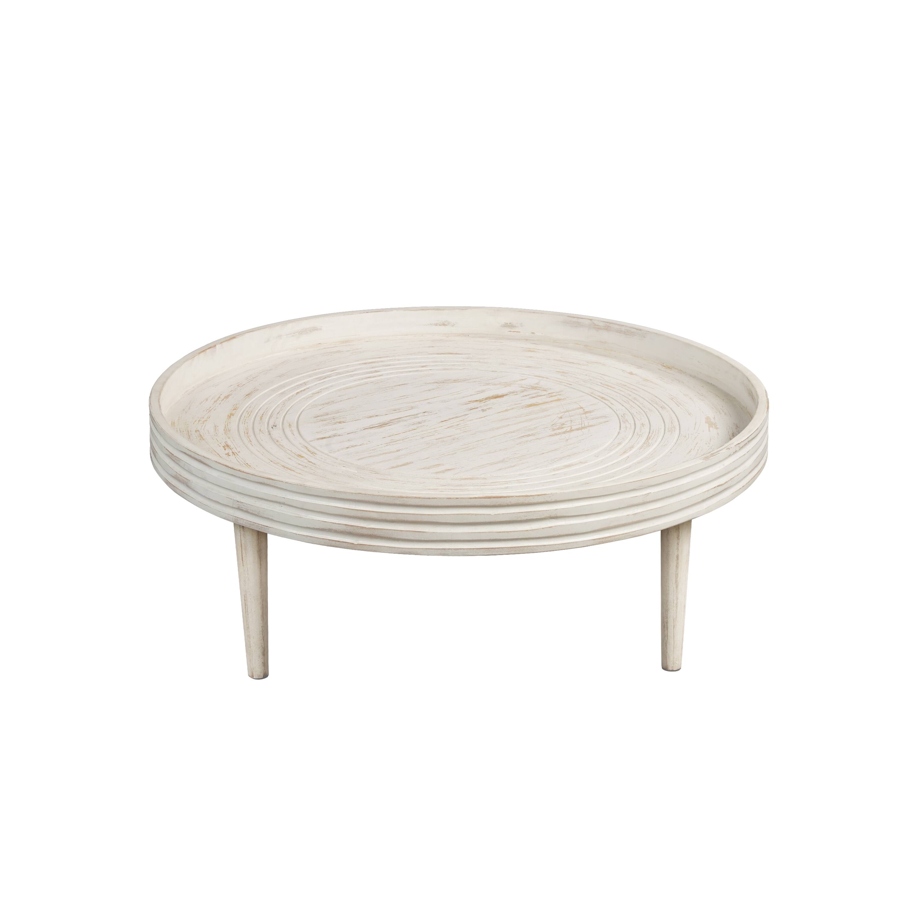 Alt View 1. Manhattan Lane - 33 Inch Coffee Table, Solid Mango Wood, Handcrafted Round Grooved Raised Edge - White.