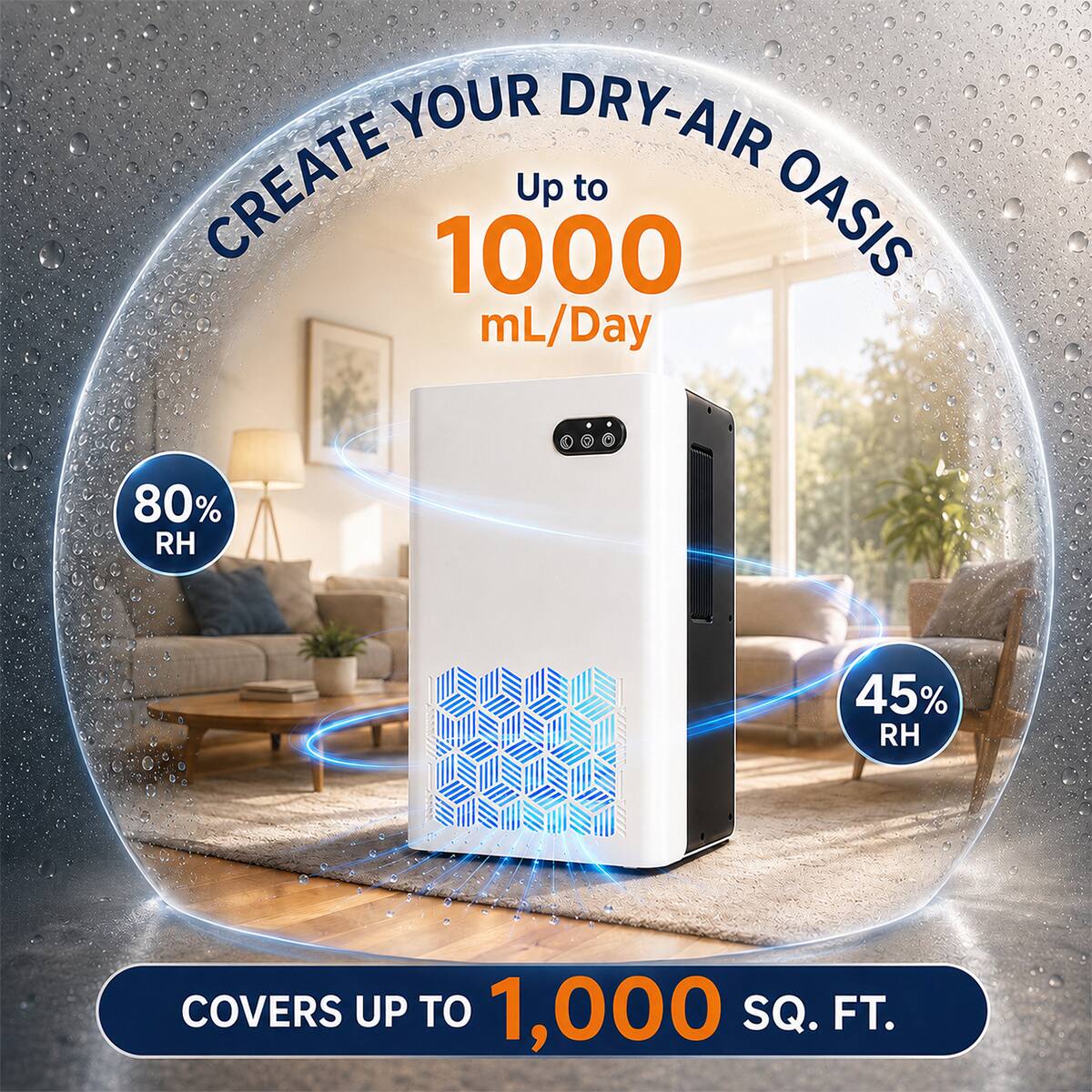 Create your dry-air oasis up to 1000 mL/Day  
80% RH  
45% RH  
Covers up to 1,000 SQ. FT.