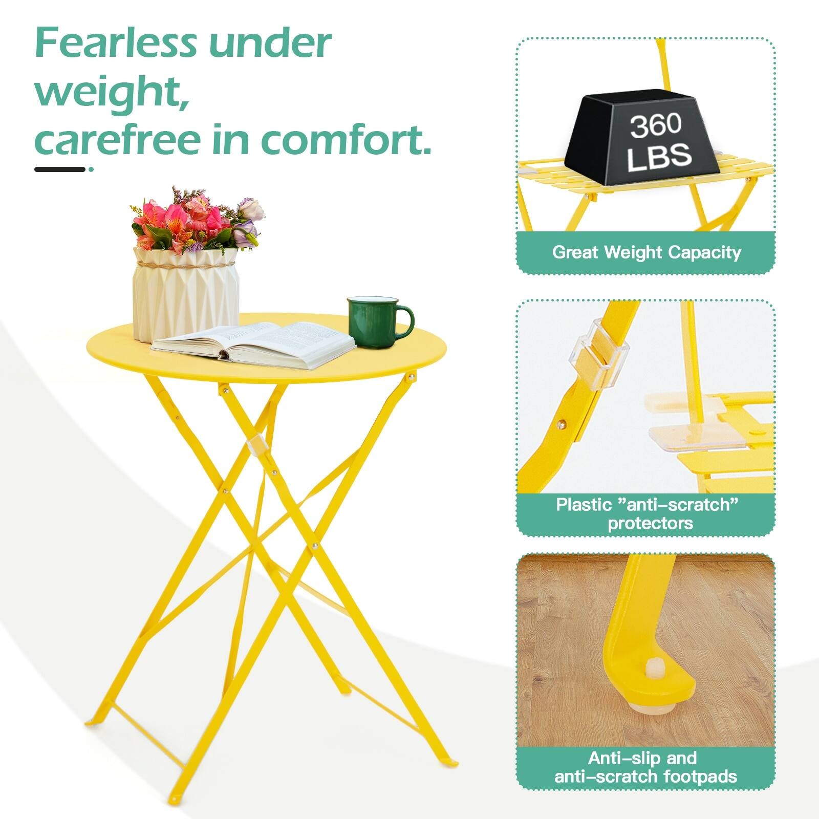 Fearless under weight, carefree in comfort.

- 360 LBS Great Weight Capacity
- Plastic "anti-scratch" protectors
- Anti-slip and anti-scratch footpads