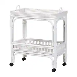 bali & pari - Lombok Natural Rattan Wine Cart - Handwoven Wicker 2-Tier Mobile Bar Cart with Raised Tray Top - White