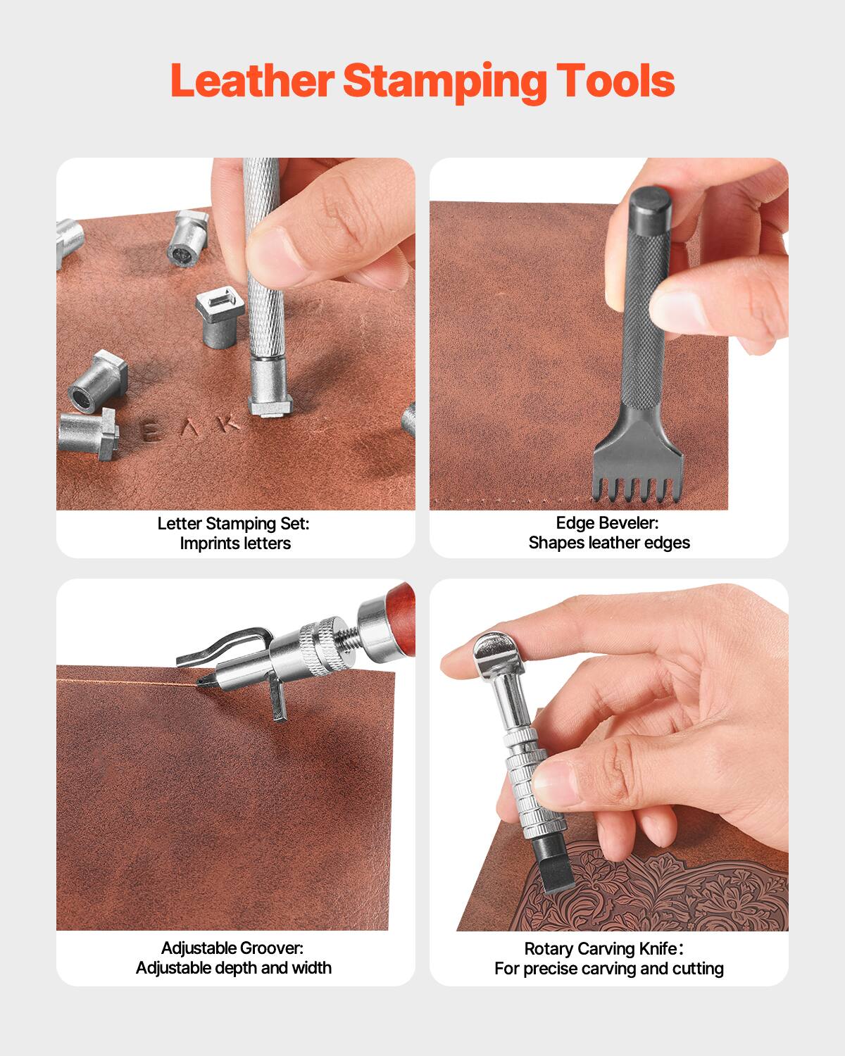 Leather Stamping Tools

- Letter Stamping Set: Imprints letters
- Edge Beveler: Shapes leather edges
- Adjustable Groover: Adjustable depth and width
- Rotary Carving Knife: For precise carving and cutting