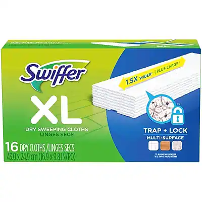 Swiffer XL
DRY SWEEPING CLOTHS
16 DRY CLOTHS / LINGES SECS
43.0 x 24.9 cm (16.9 x 9.8 IN/PO)
1.5X WIDER + PLUS LARGE
TRAP + LOCK
MULTI-SURFACE