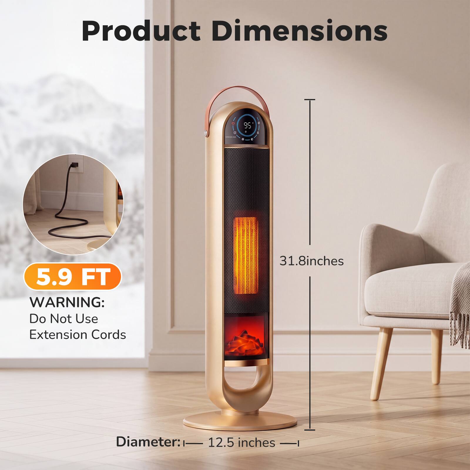 Product Dimensions

5.9 FT

WARNING: Do Not Use Extension Cords

31.8 inches

Diameter: 12.5 inches