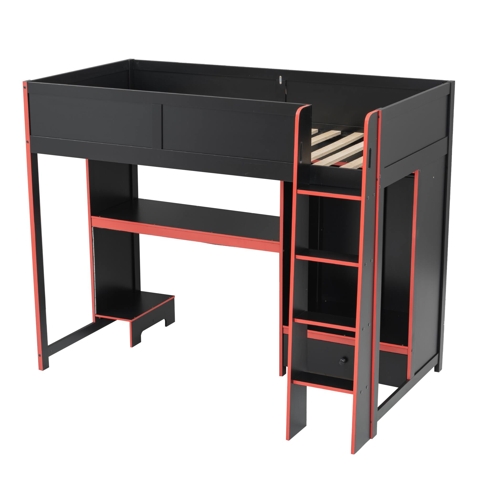 Alt View 5. Whisen - Twin Size Gaming Loft Bed with Desk, Wardrobe, Drawer & RGB LED Lights - Black.