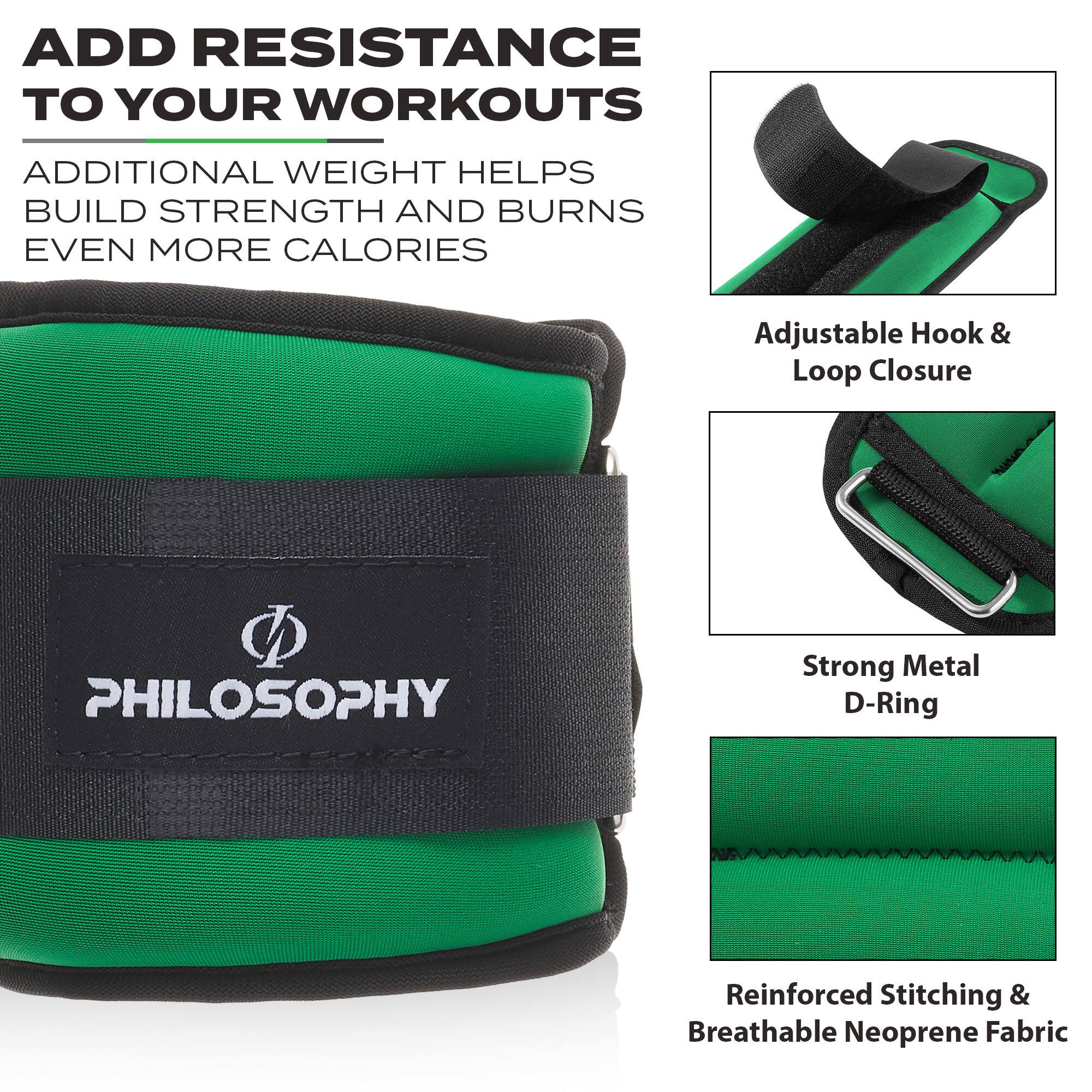 ADD RESISTANCE TO YOUR WORKOUTS  
ADDITIONAL WEIGHT HELPS BUILD STRENGTH AND BURNS EVEN MORE CALORIES  

Adjustable Hook & Loop Closure  
Strong Metal D-Ring  
Reinforced Stitching & Breathable Neoprene Fabric  

PHILOSOPHY
