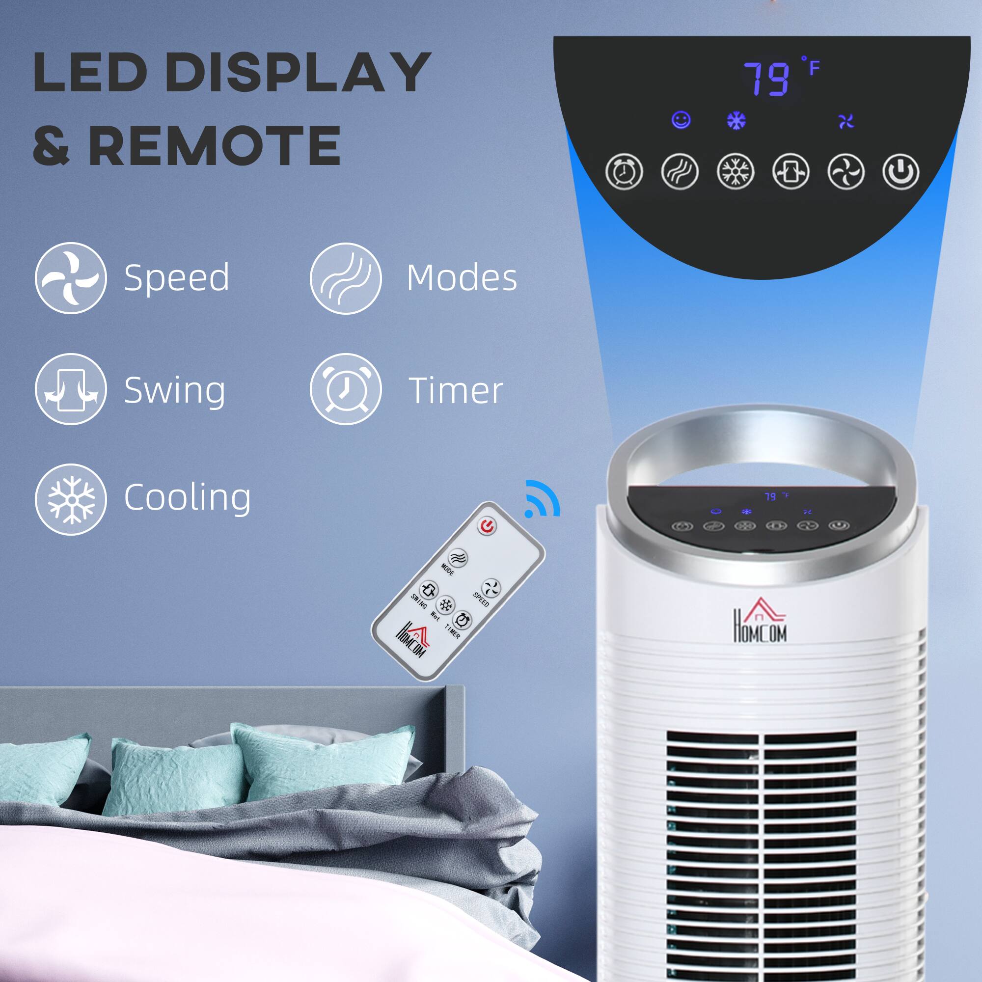 LED DISPLAY & REMOTE

- Speed
- Modes
- Swing
- Timer
- Cooling

79°F

HOMCOM
