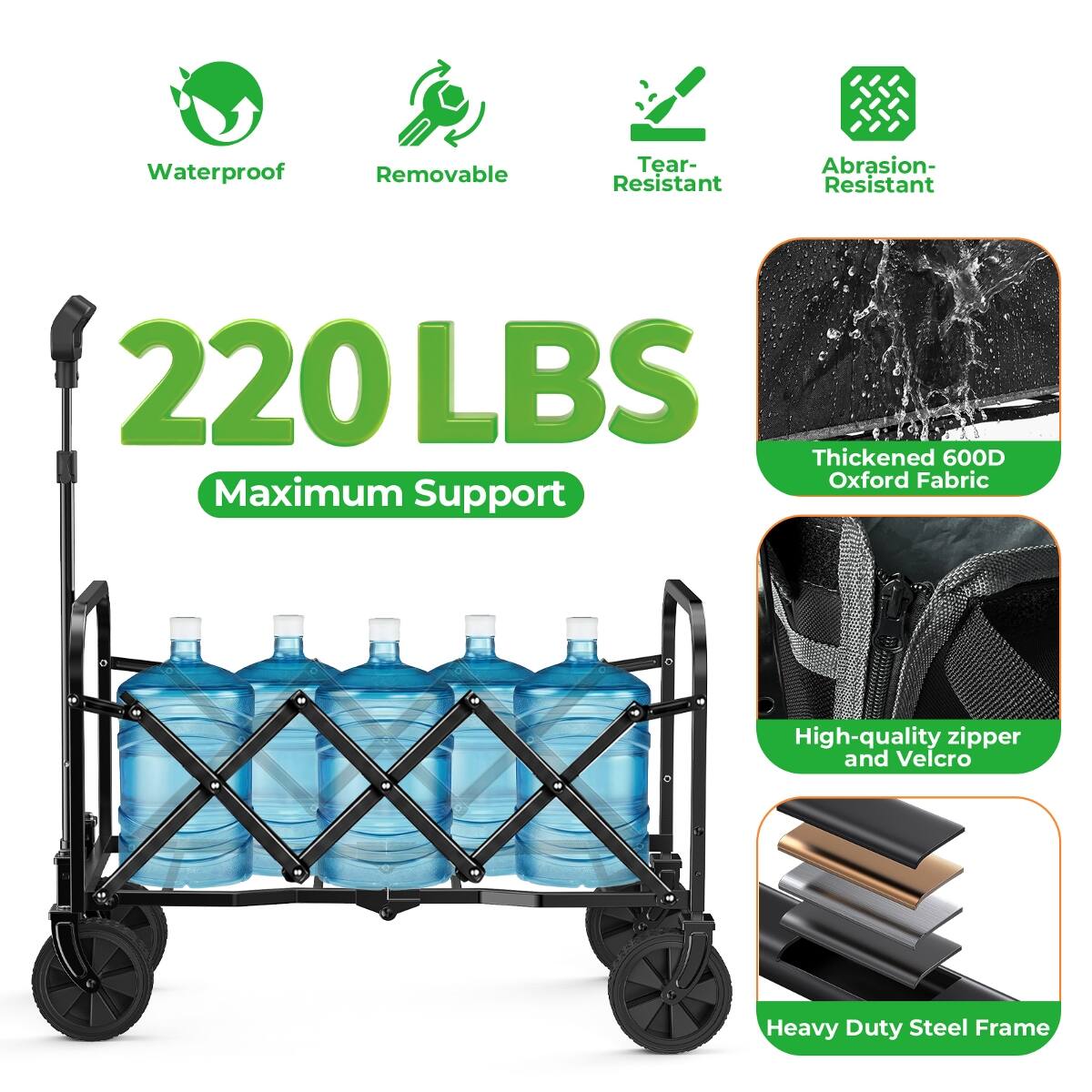 Waterproof  
Removable  
Tear-Resistant  
Abrasion-Resistant  
220 LBS Maximum Support  
Thickened 600D Oxford Fabric  
High-quality zipper and Velcro  
Heavy Duty Steel Frame