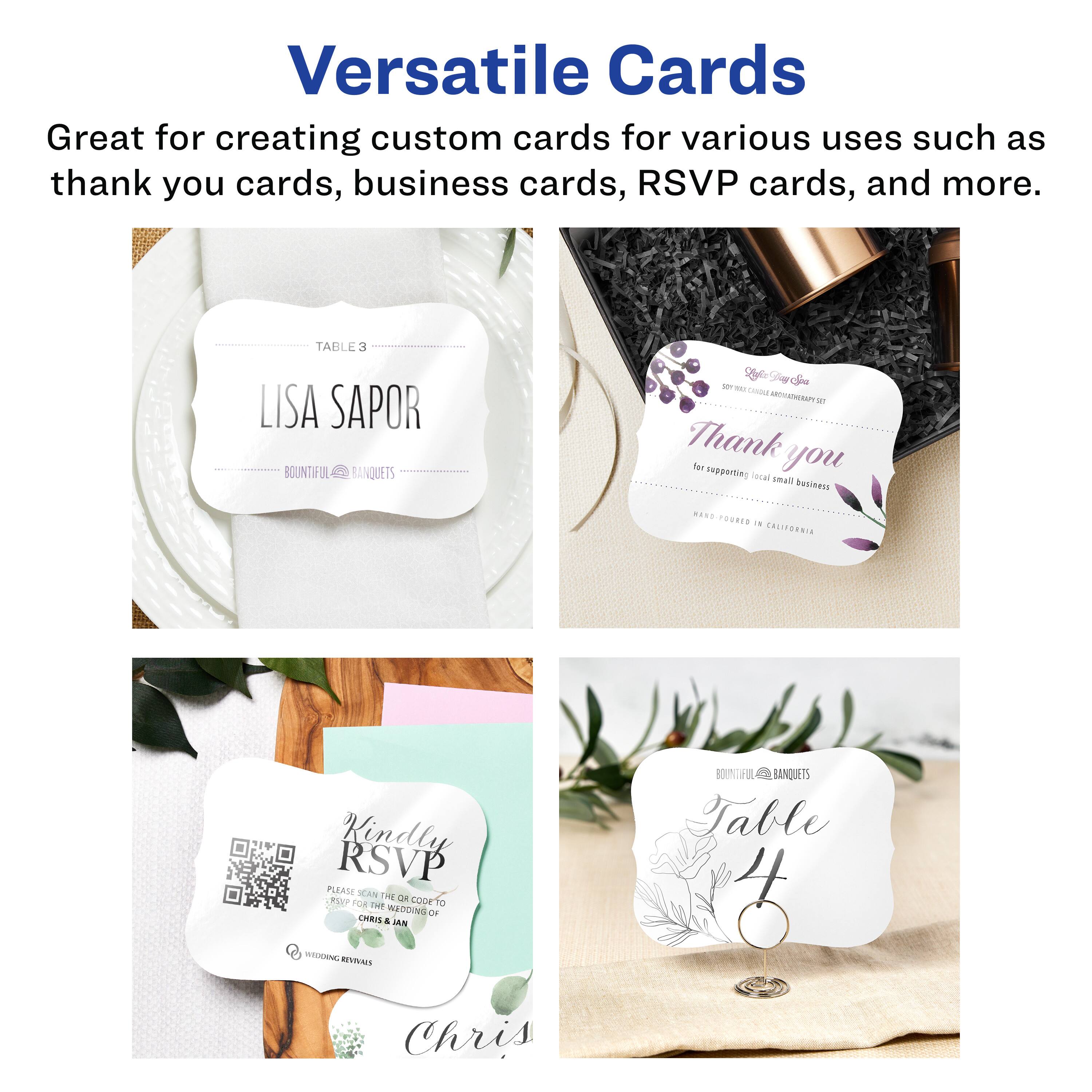 Versatile Cards  
Great for creating custom cards for various uses such as thank you cards, business cards, RSVP cards, and more.

TABLE 3  
LISA SAPOR  
BOUNTIFUL BANQUETS

Thank you  
for supporting local business  
HAND POURED IN CALIFORNIA

Kindly RSVP  
PLEASE SCAN THE QR CODE TO  
RSVP FOR THE WEDDING OF  
CHRIS & JAN  
WEDDING REVITALS

Table 4  
BOUNTIFUL BANQUETS