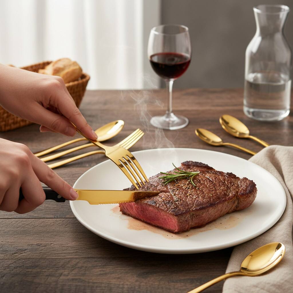 Alt View 2. Dazzed Corner - 48-Piece Stainless Steel Silverware Set with Steak Knives, Flatware Set for 8 - Gold.