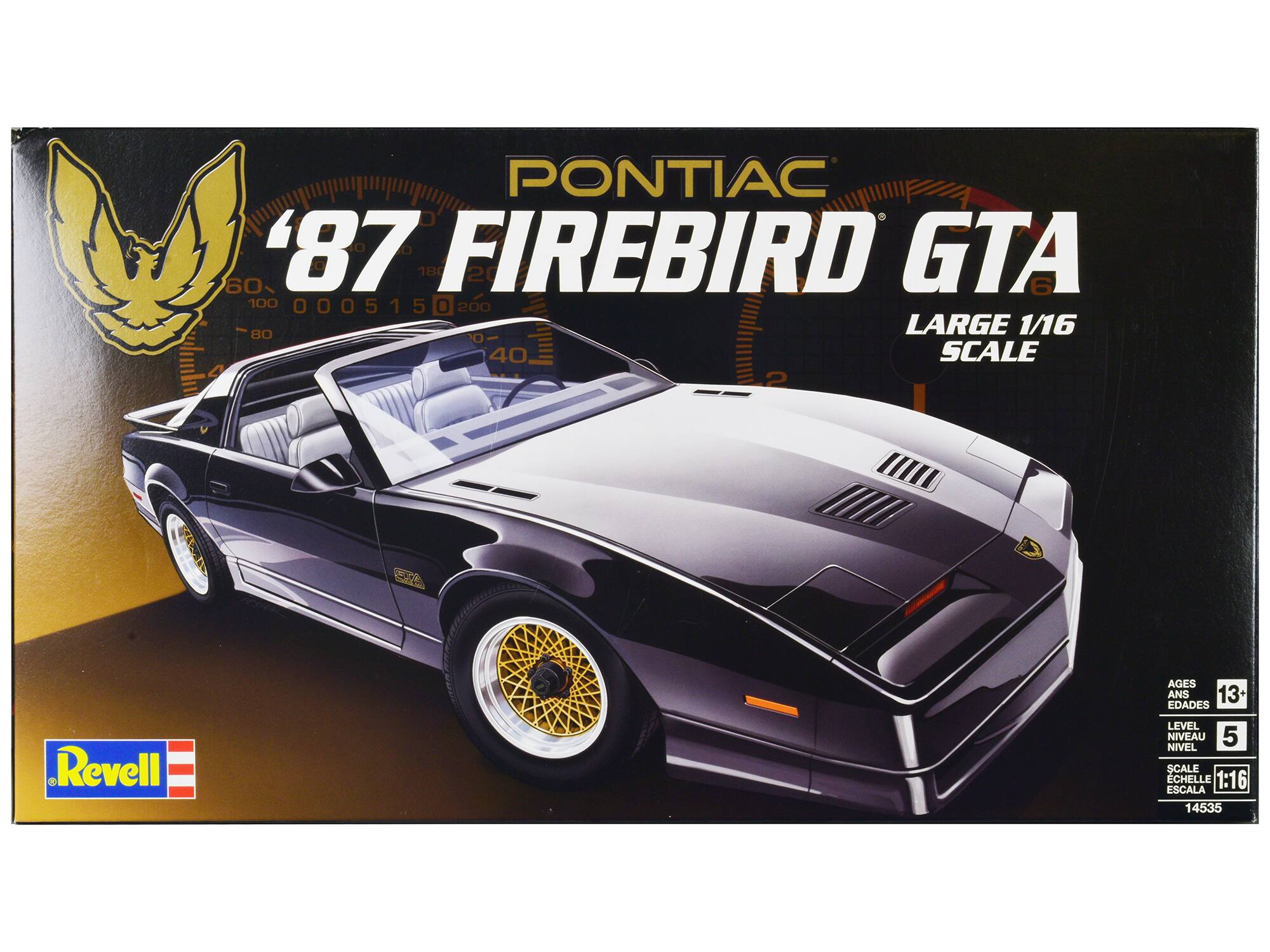 PONTIAC '87 FIREBIRD GTA  
LARGE 1/16 SCALE  

AGES 13+  
EDADES 13+  
LEVEL 5  
NIVEAU 5  
NIVEL 5  
SCALE 1:16  
ECHELLE 1:16  
ESCALA 1:16  

Revell  

14535