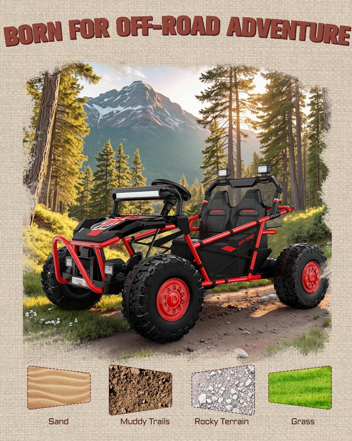BORN FOR OFF-ROAD ADVENTURE

Semo C4Y-T00 SPRRT F 7 A 3 S

Sand
Muddy Trails
Rocky Terrain
Grass