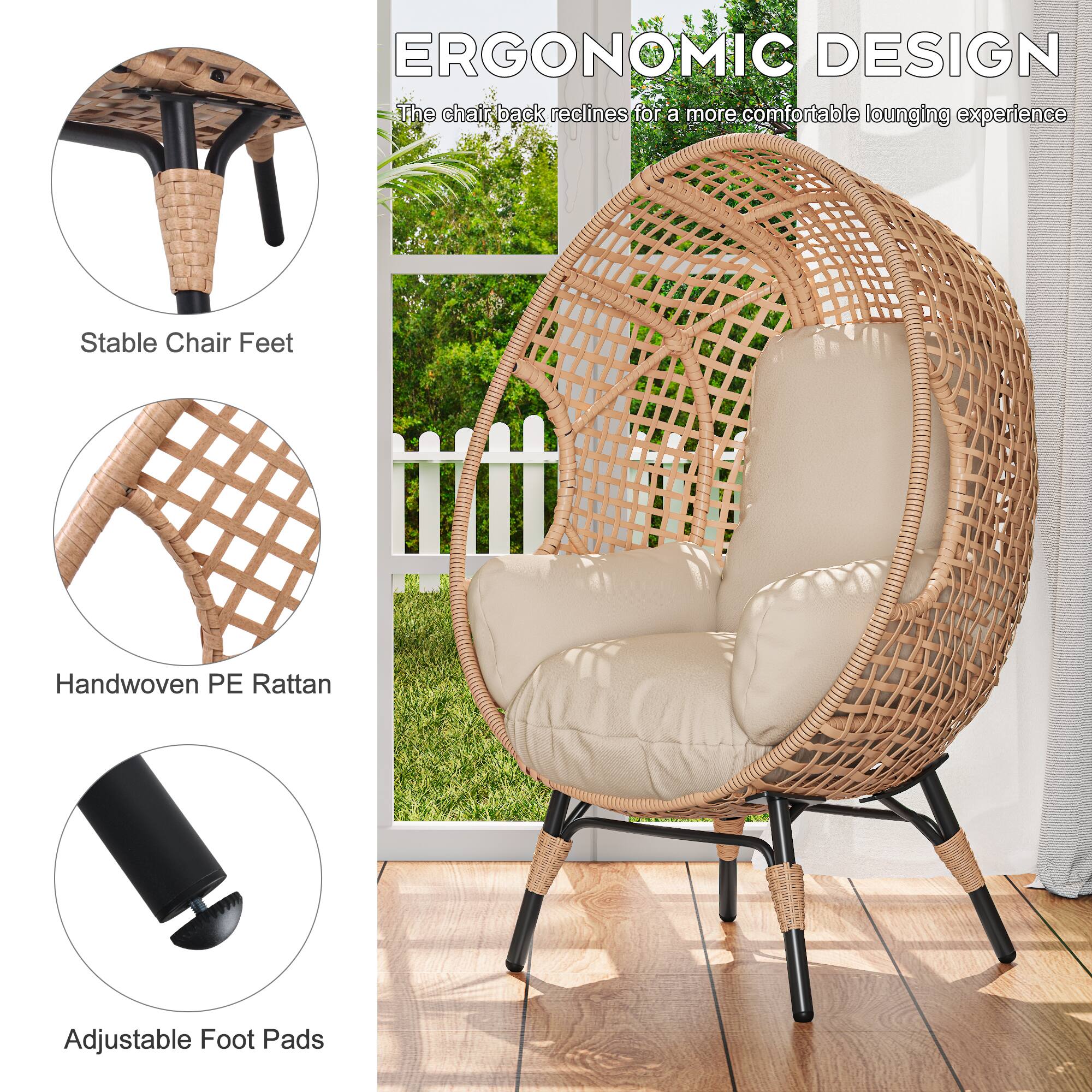 ERGONOMIC DESIGN  
The chair back reclines for a more comfortable lounging experience  

- Stable Chair Feet  
- Handwoven PE Rattan  
- Adjustable Foot Pads