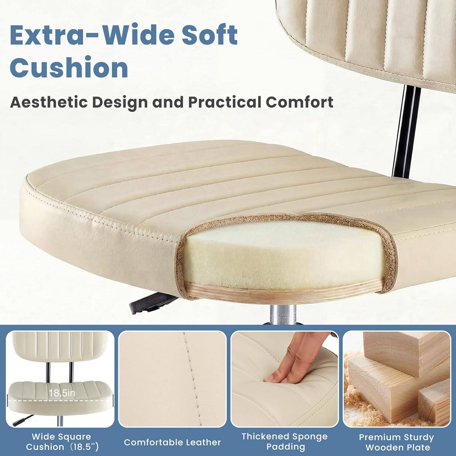 Extra-Wide Soft Cushion  
Aesthetic Design and Practical Comfort  

18.5in Wide Square Thickened Sponge  
Comfortable Leather Cushion (18.5")  
Padding Premium Sturdy Wooden Plate
