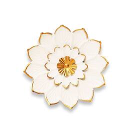 G128 - 9 in Metal Flower Wall Art - Elegant Floral Wall Hanging for Living Room Bedroom Office Patio - White and Gold