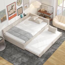 LUCKY ONE - Full Size Upholstered Platform Bed with USB and Twin Size Trundle - Beige