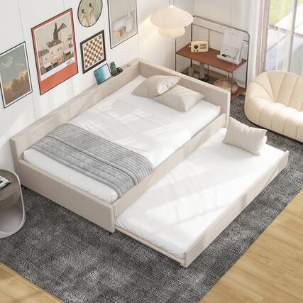 Front. LUCKY ONE - Full Size Upholstered Platform Bed with USB and Twin Size Trundle - Beige.