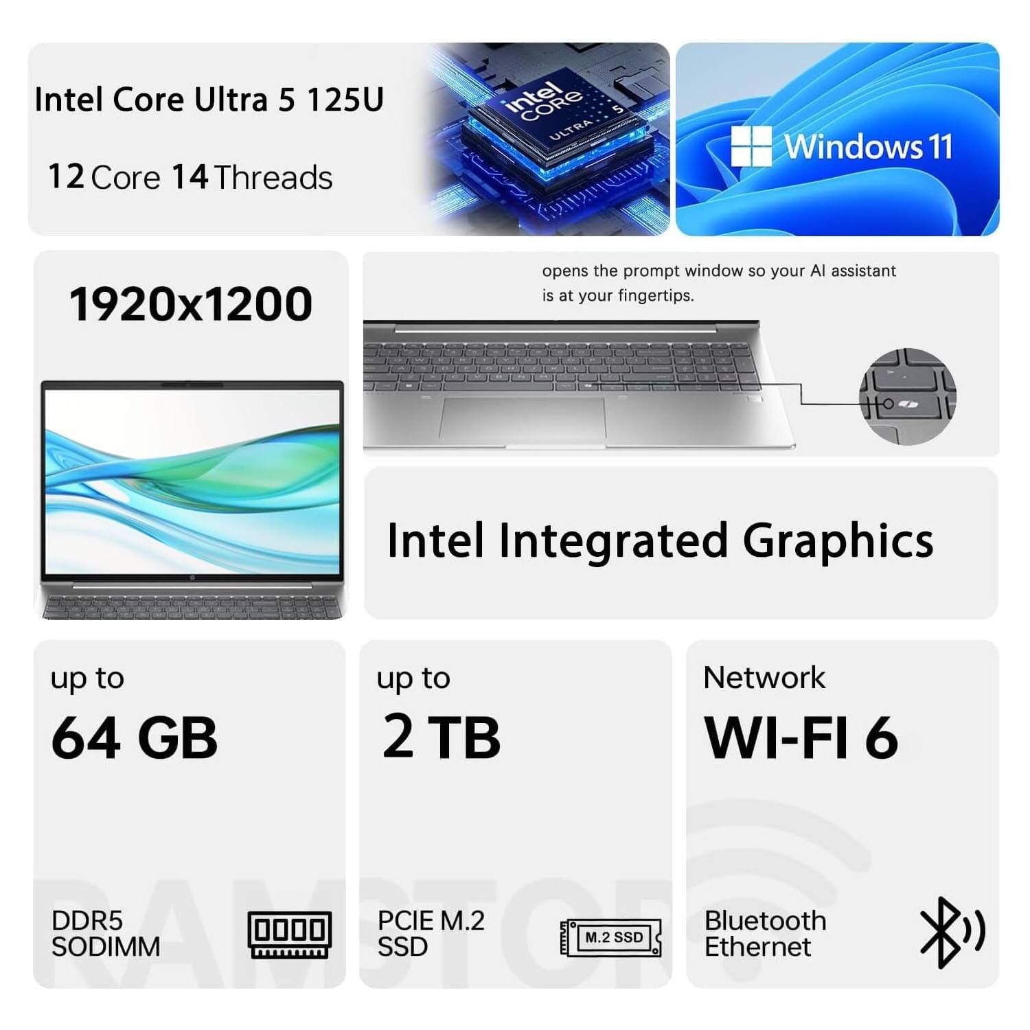 Intel Core Ultra 5 125U  
12 Core 14 Threads  
Windows 11  
1920x1200  
Intel Integrated Graphics  
up to 64 GB DDR5 SODIMM  
up to 2 TB PCIe M.2 SSD  
Network WI-FI 6  
Bluetooth Ethernet