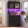 Aheaplus - 71'' Tall Pantry Cabinet with Power Outlets & LED Light, Storage Cabinet with 2 Drawers & DIY Pegboard - Black & Brown