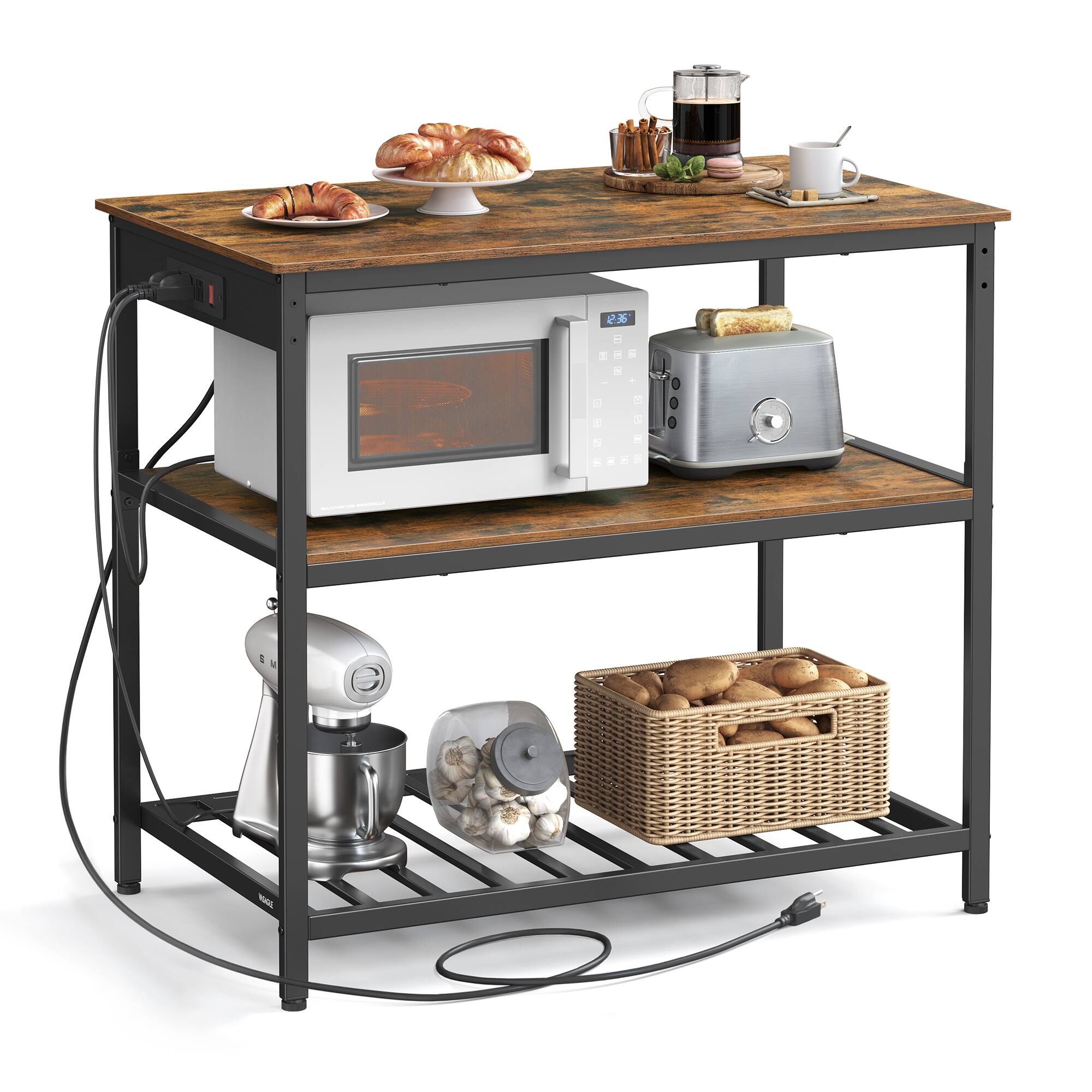 Front. Songmics Home - Kitchen Island with 3 Shelves, 39.4 Inches Width Kitchen Shelf with Power Strip, Large Worktop, Stable Steel Structure.