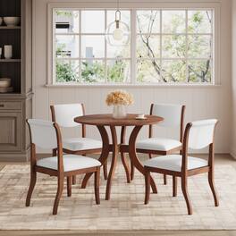 TinyHomie - Dining Table Set 39.4in Round Table 2 Chairs Traditional Solid Wood Kitchen Set with Inlaid Tabletop Elegant Curved Legs - White and Walnut