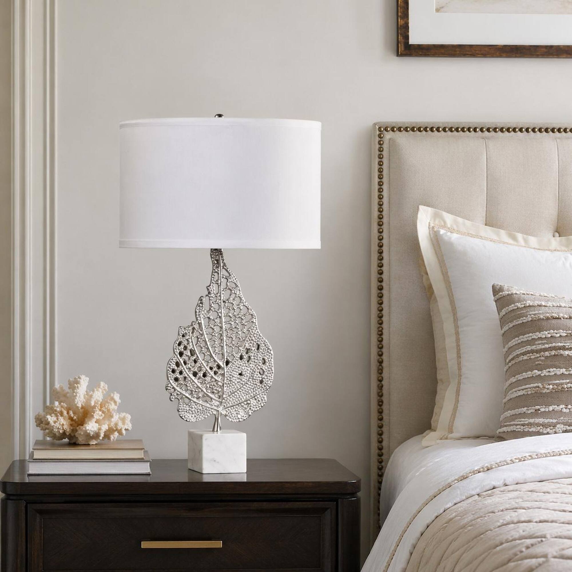 Back. RYHNUYNE - Modern White and Silver Leaf Table Lamp with Marble Cube Base and Drum Shade, 15 x 29.3 Inches, for Bedside, Desk - White.