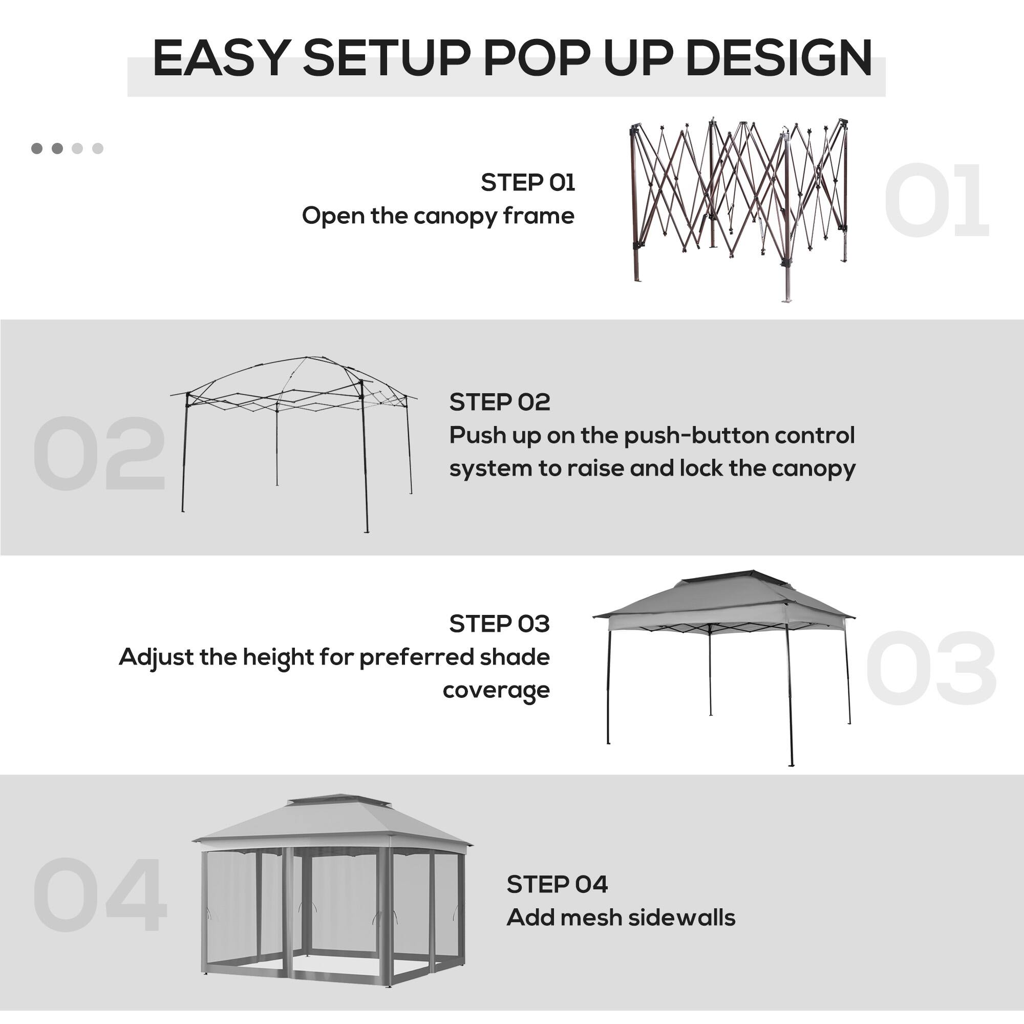 EASY SETUP POP UP DESIGN

STEP 01 Open the canopy frame

STEP 02 Push up on the push-button control system to raise and lock the canopy

STEP 03 Adjust the height for preferred shade coverage

STEP 04 Add mesh sidewalls