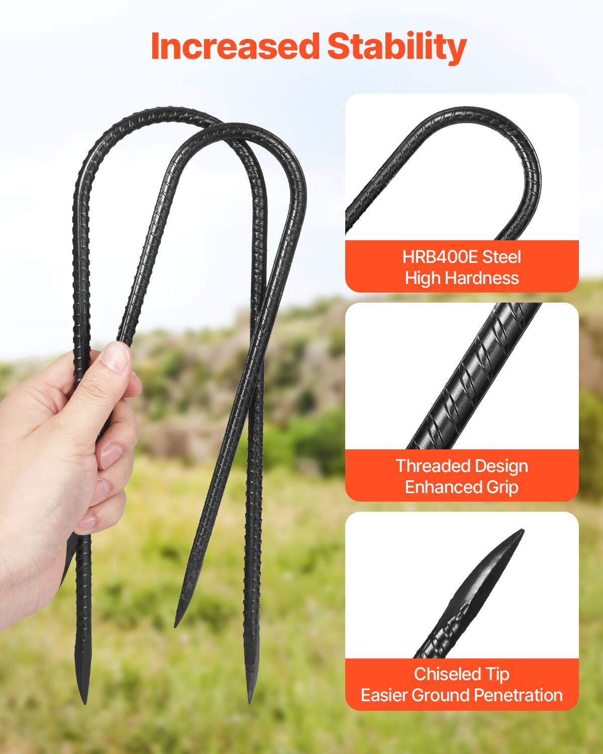 Increased Stability  
HRB400E Steel High Hardness  
Threaded Design Enhanced Grip  
Chiseled Tip Easier Ground Penetration