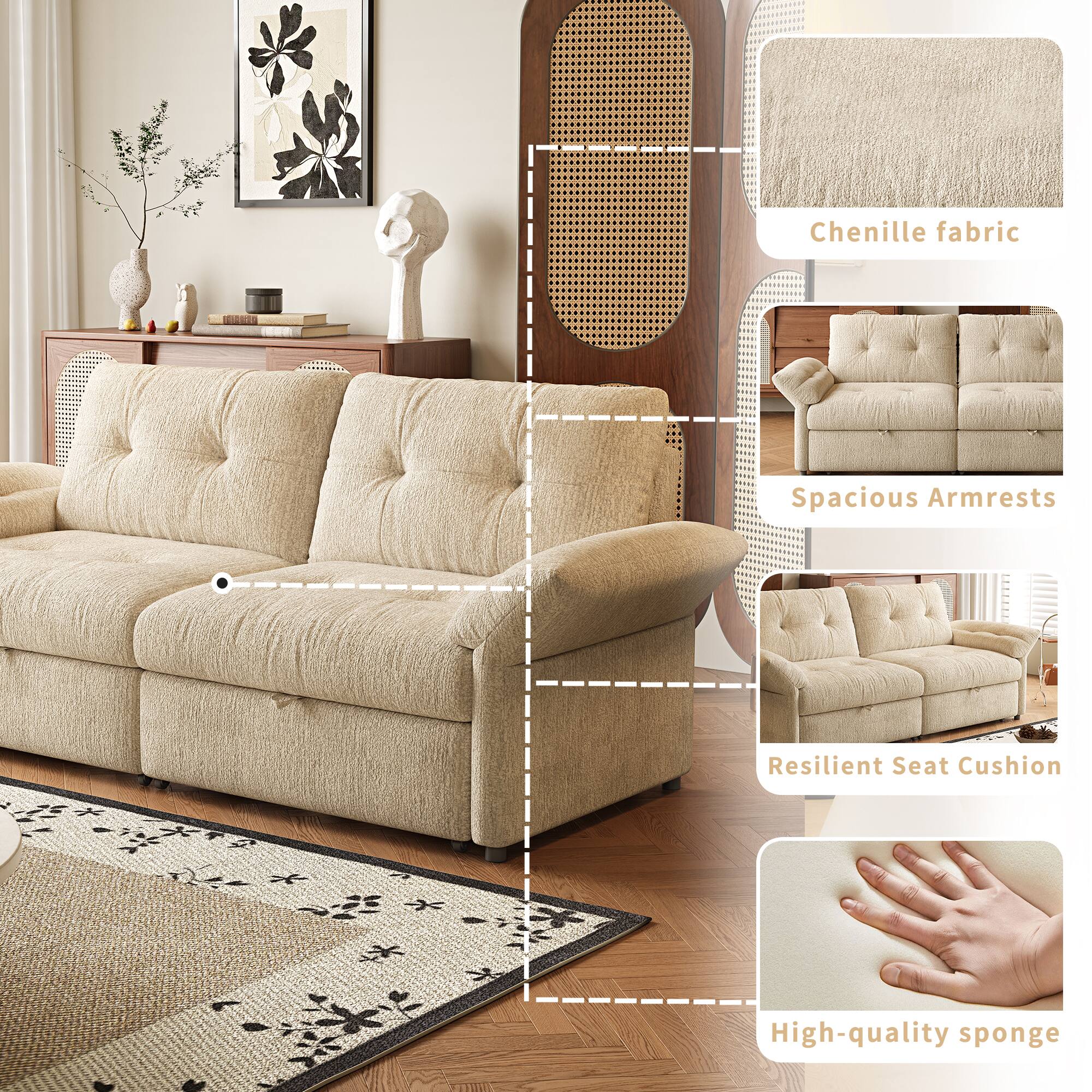 Chenille fabric  
Spacious Armrests  
Resilient Seat Cushion  
High-quality sponge