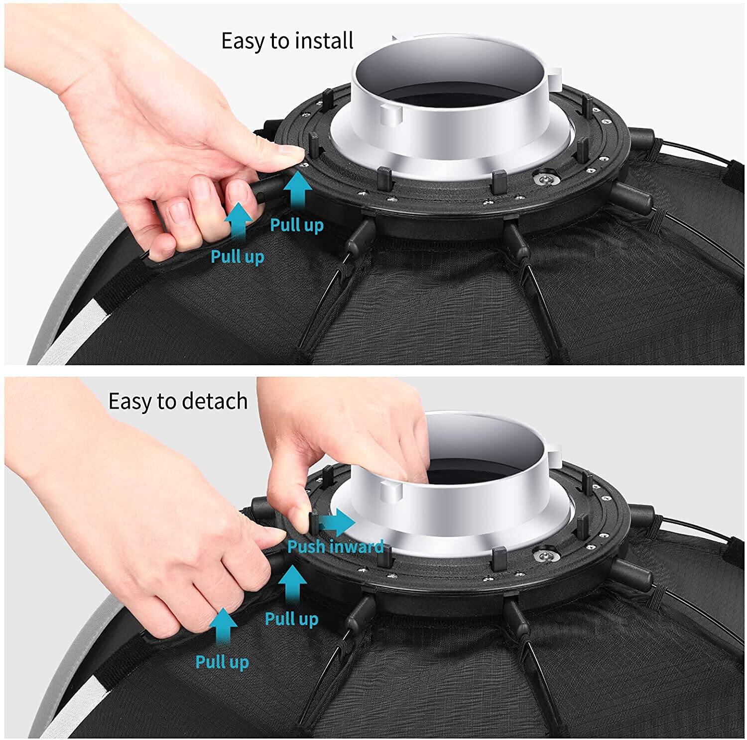 Easy to install  
Pull up  
Pull up  

Easy to detach  
Push inward  
Pull up  
Pull up