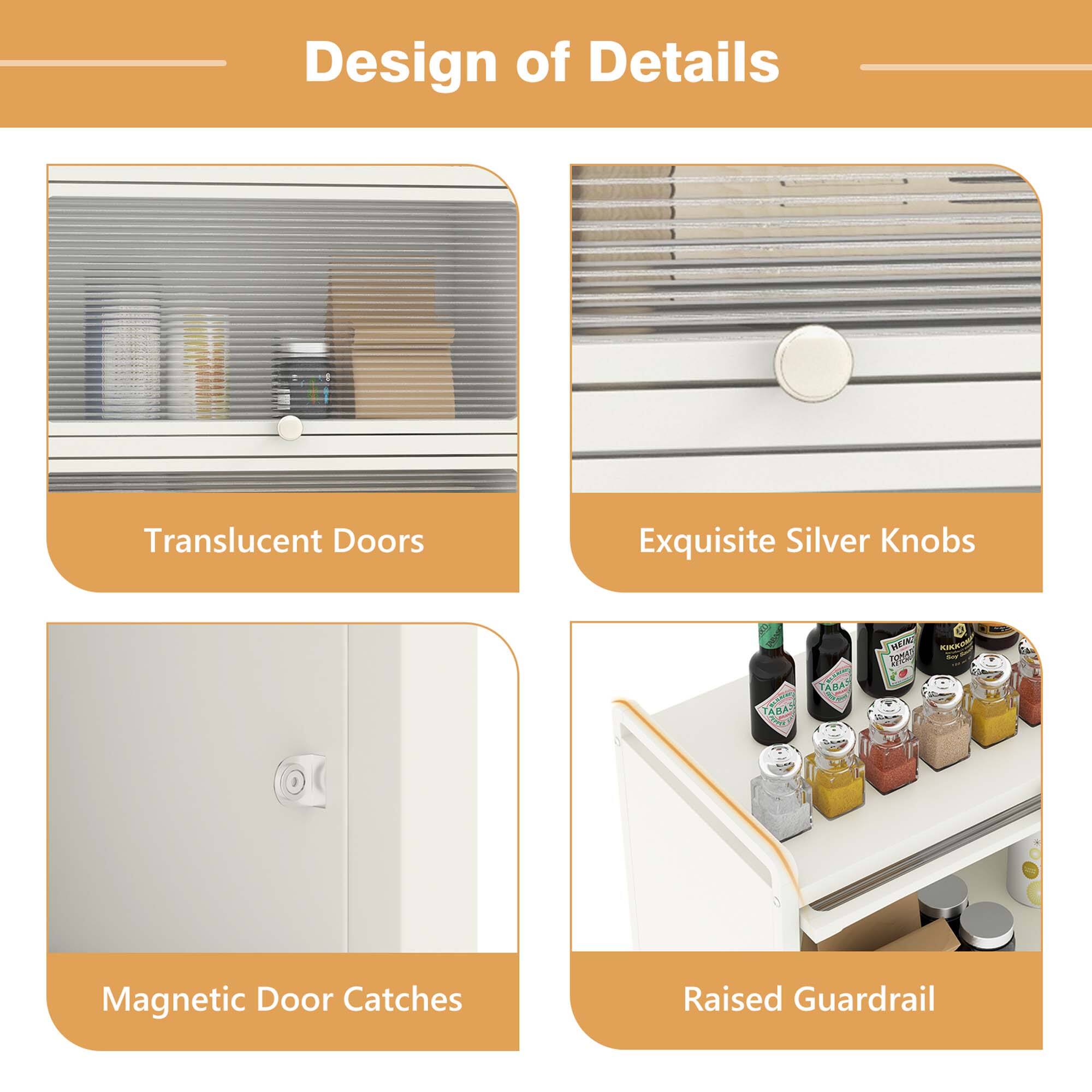 Translucent Doors, Exquisite Silver Knobs, Magnetic Door Catches, Raised Guardrail