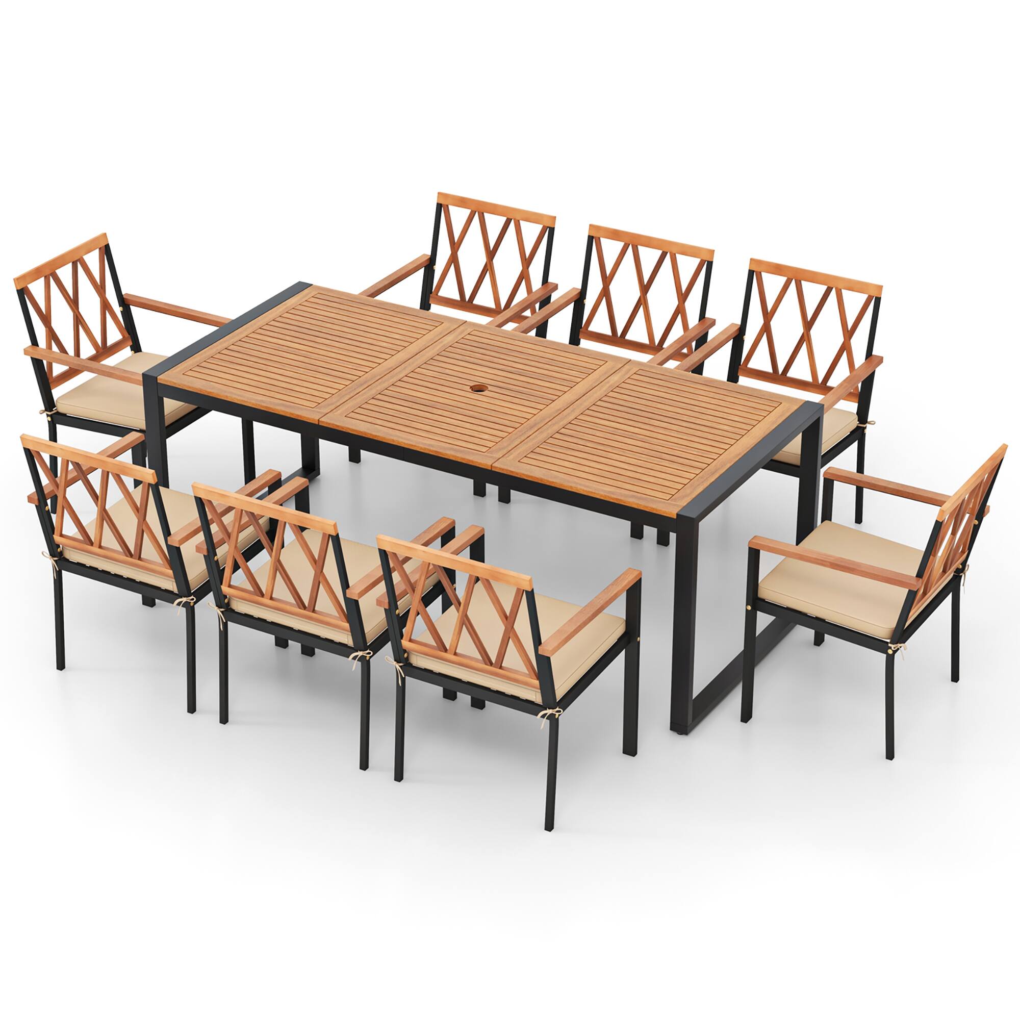 Alt View 7. Gymax - Gymax 9 Pieces Patio Dining Set w/ Soft Cushions and 1.9'' Umbrella Hole for Garden - Natural, Black.