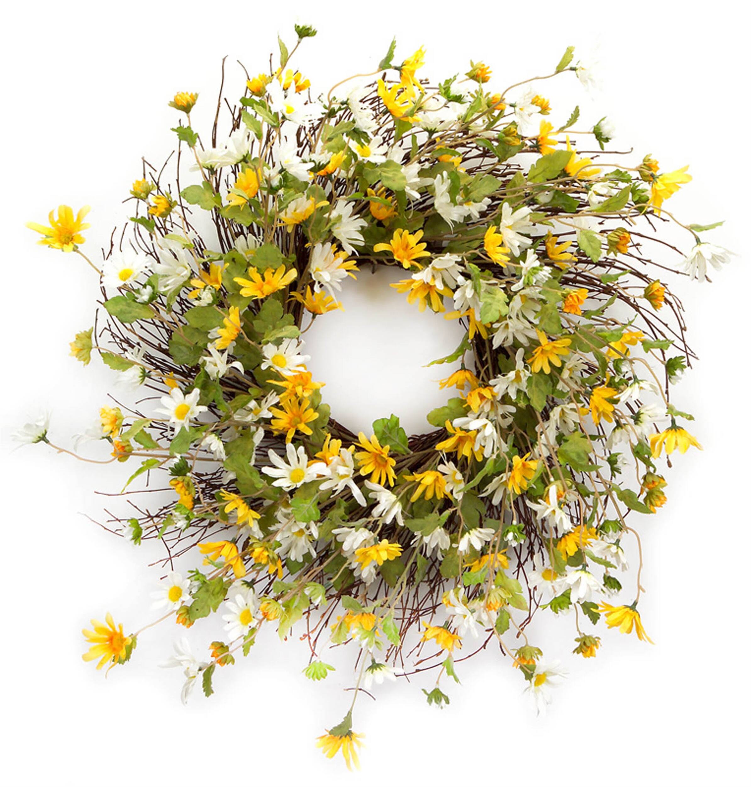 Angle. BreeBe - Mixed Daisy Floral Wreath 24"D - Yellow, White.