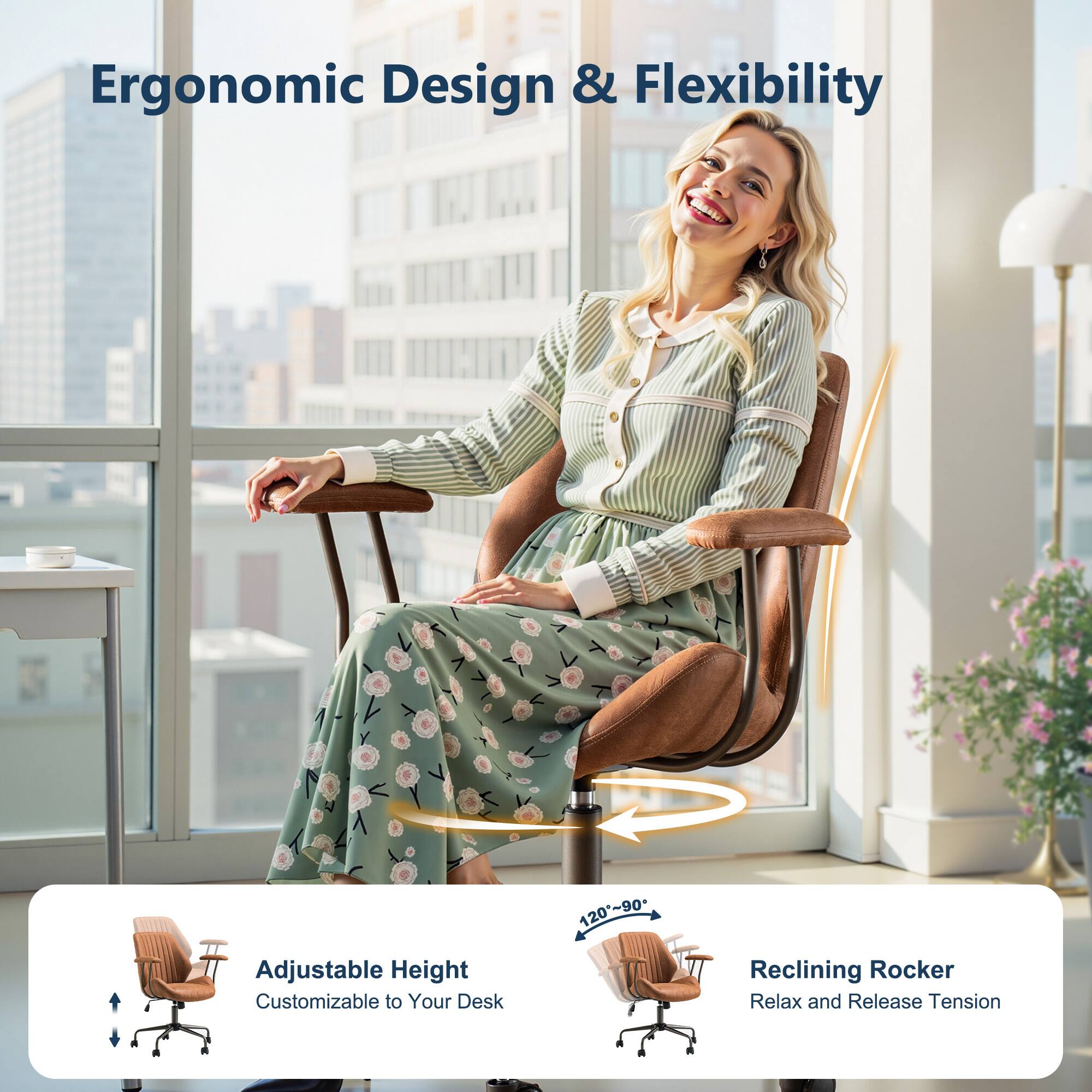 Ergonomic Design & Flexibility

Adjustable Height  
Customizable to Your Desk

Reclining Rocker  
Relax and Release Tension