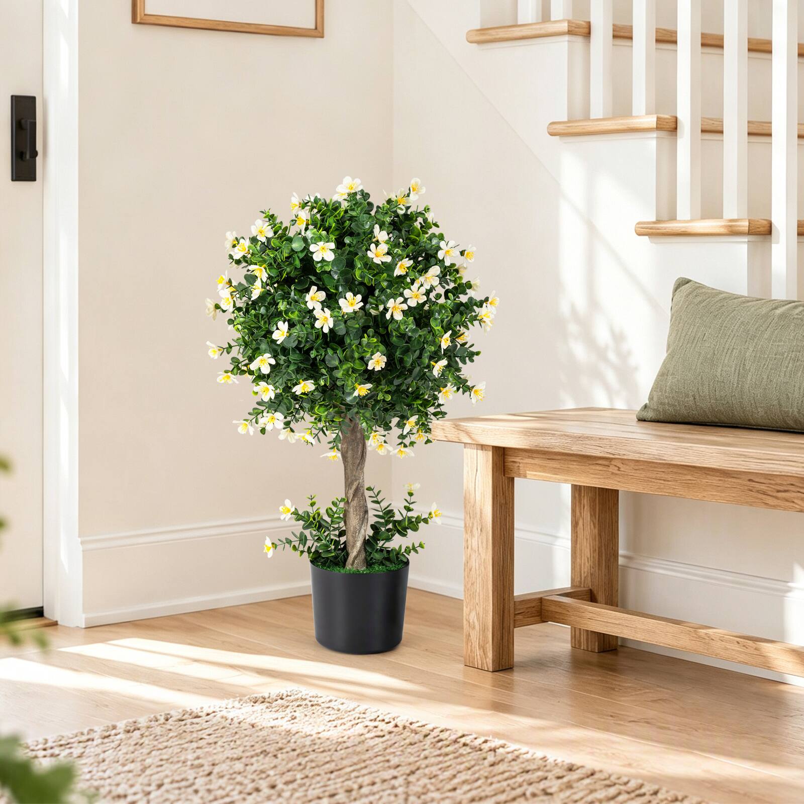 Alt View 4. Costway - Costway 2-Set Artificial Topiary Trees, 26" Realistic Potted Plants with White Blossoms - White+Green.