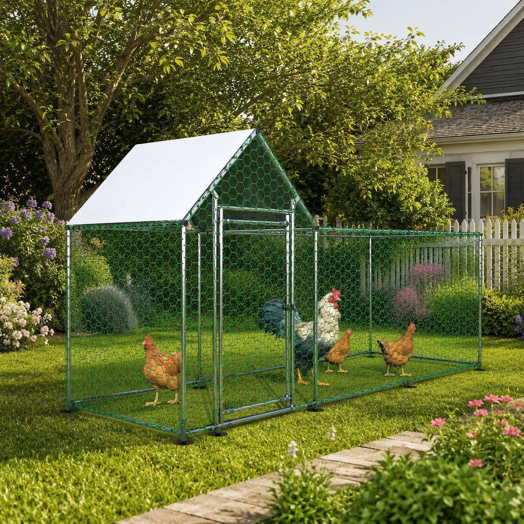 Angle. RYHNUYNE - 10x3FT Metal Chicken Coop Run, Walk-in Poultry Cage with Waterproof Cover, Durable Steel Frame for Backyard Hens.