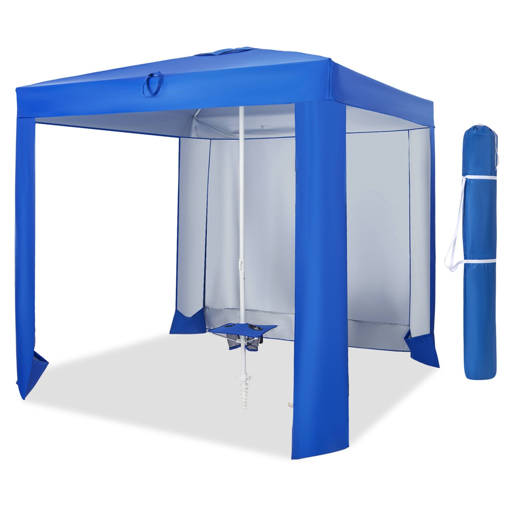 Front. Costway - UPF 50+ Beach Tent 6.6ft x 6.6ft Beach Cabana with Folding Table, 5 Sandbags - Blue.