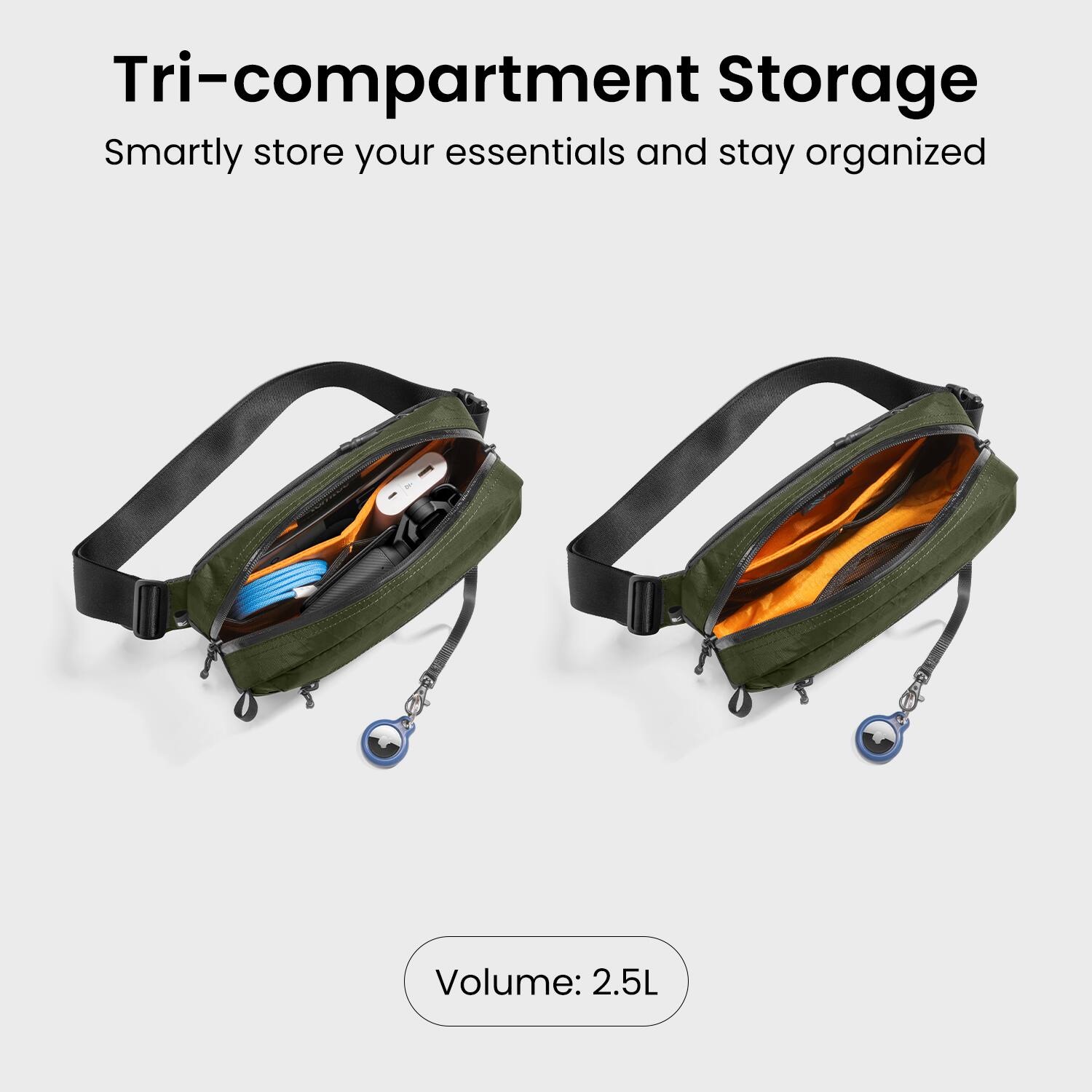 Tri-compartment Storage  
Smartly store your essentials and stay organized  
Volume: 2.5L
