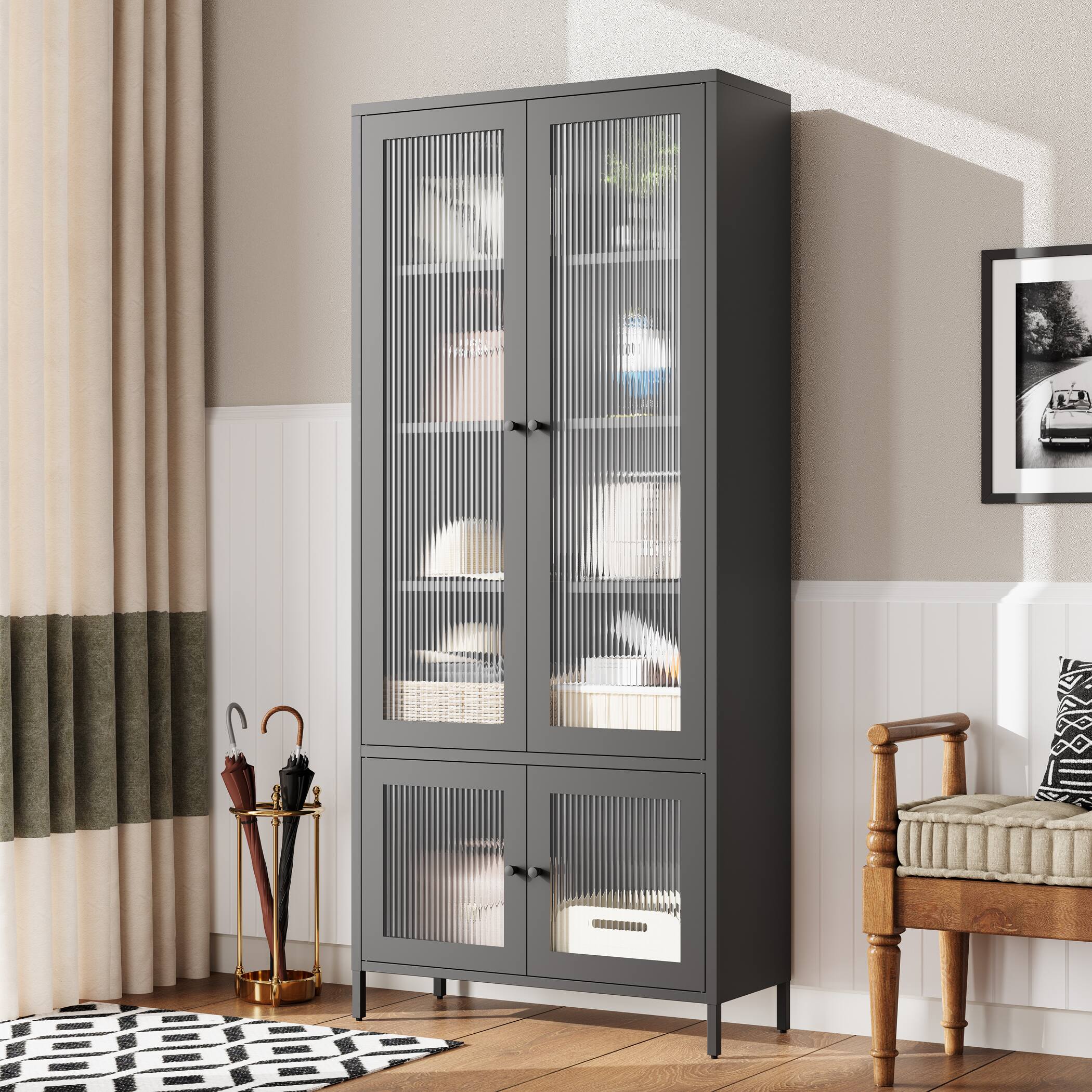 Front. GOODSILO - Large Metal Display Cabinet - Fluted Glass Doors, 5 Shelves, Black - Black.