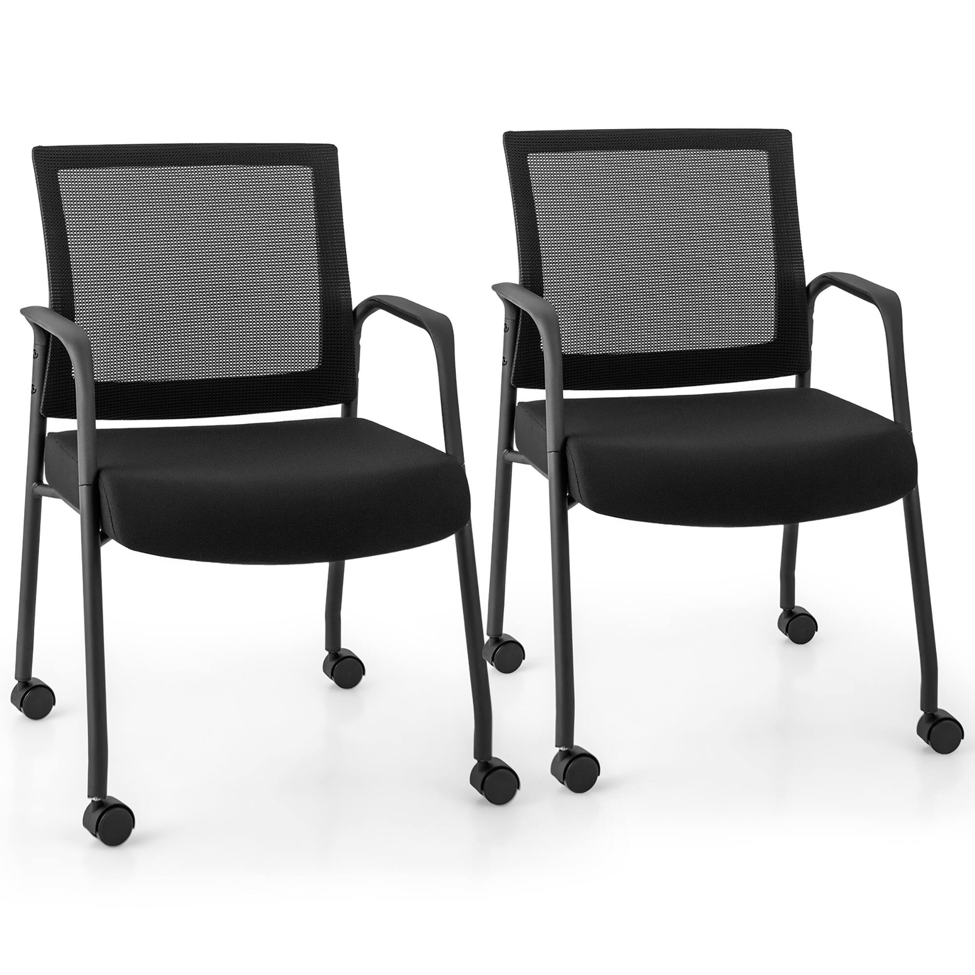 Gymax - 2 Pcs Office Guest Chairs on Wheels w/ Metal Frame & Armrests Mesh Back Office - Black