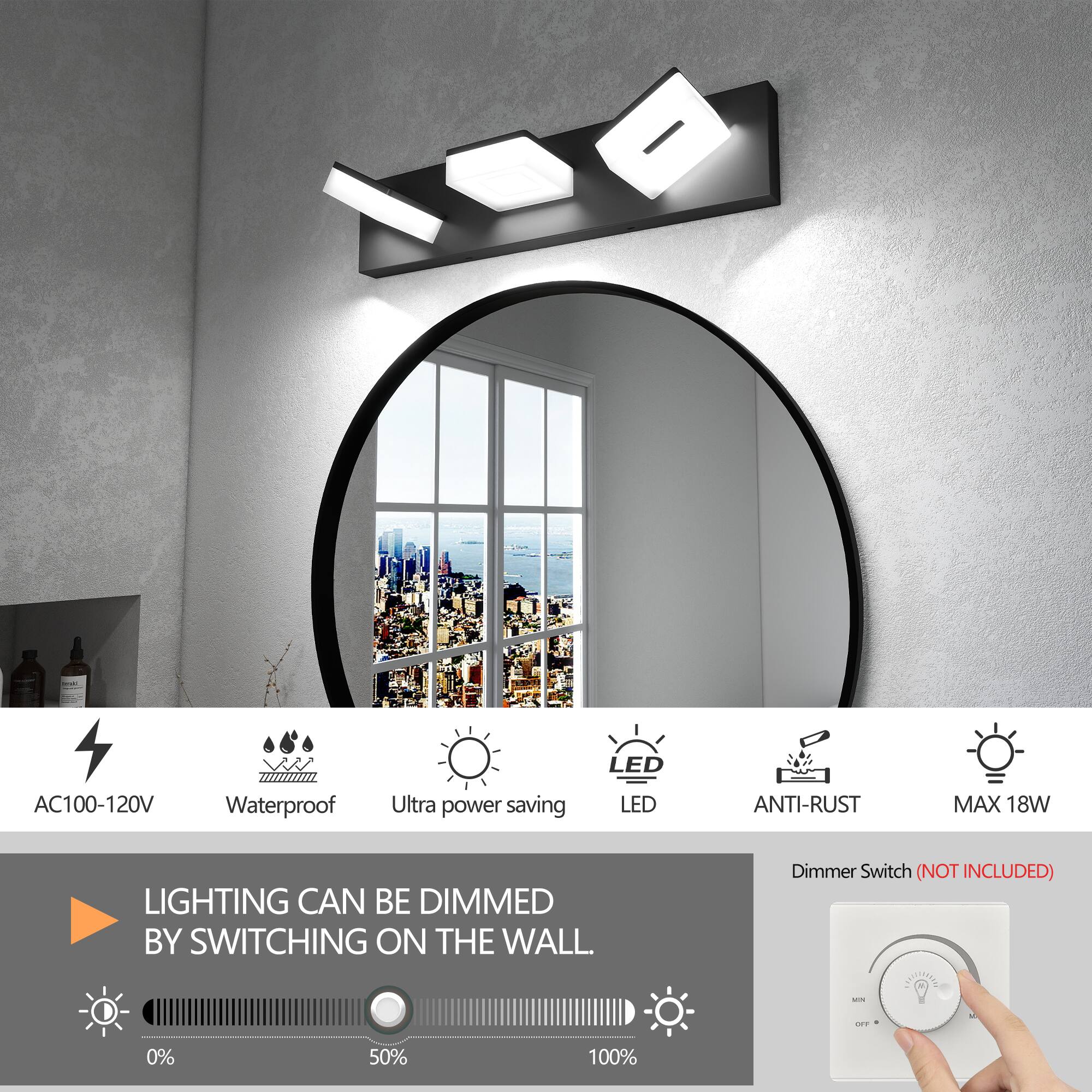 LED AC100-120V Waterproof Ultra power saving LED ANTI-RUST MAX 18W LIGHTING CAN BE DIMMED BY SWITCHING ON THE WALL. Dimmer Switch (NOT INCLUDED) CEAAO - 0% 50% 100%