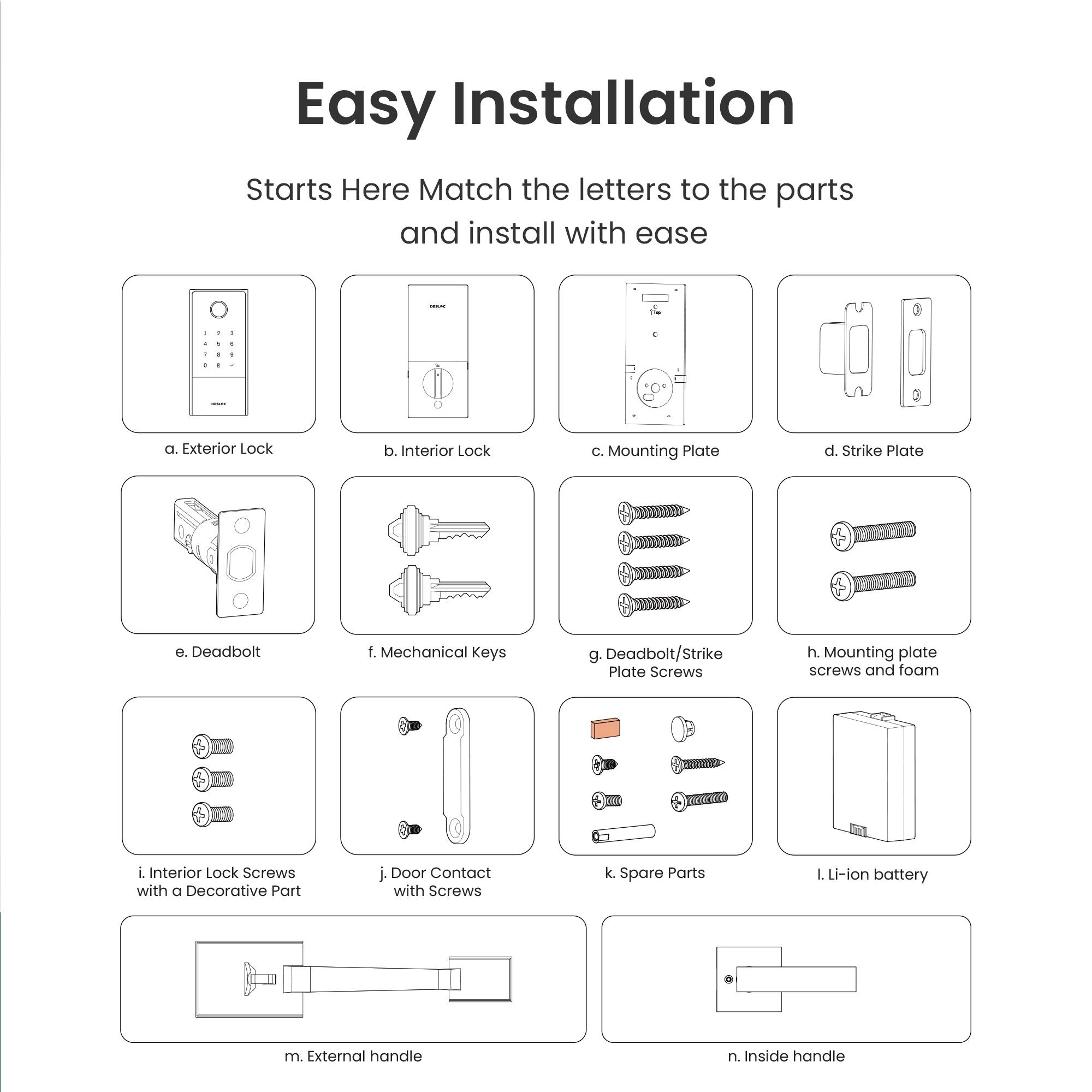 Easy Installation Starts Here Match the letters to the parts and install with ease

a. Exterior Lock
b. Interior Lock
c. Mounting Plate
d. Strike Plate
e. Deadbolt
f. Mechanical Keys
g. Deadbolt/Strike Plate Screws
h. Mounting plate screws and foam
i. Interior Lock Screws with a Decorative Part
j. Door Contact with Screws
k. Spare Parts
l. Li-ion battery
m. External handle
n. Inside handle