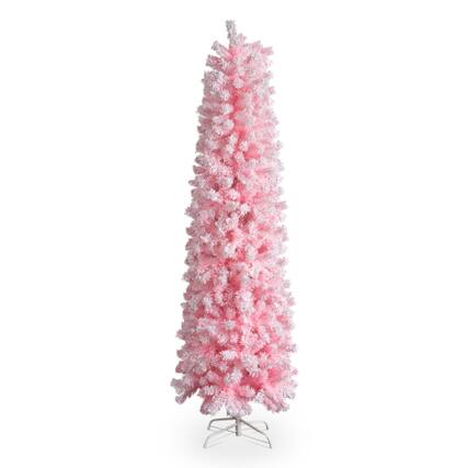 Front. Winado - 7.5FT Pencil Christmas Tree Skinny Snow Flocked with Hinged, Sturdy Stand Artificial for Indoor Holiday Party Decoration - Pink.