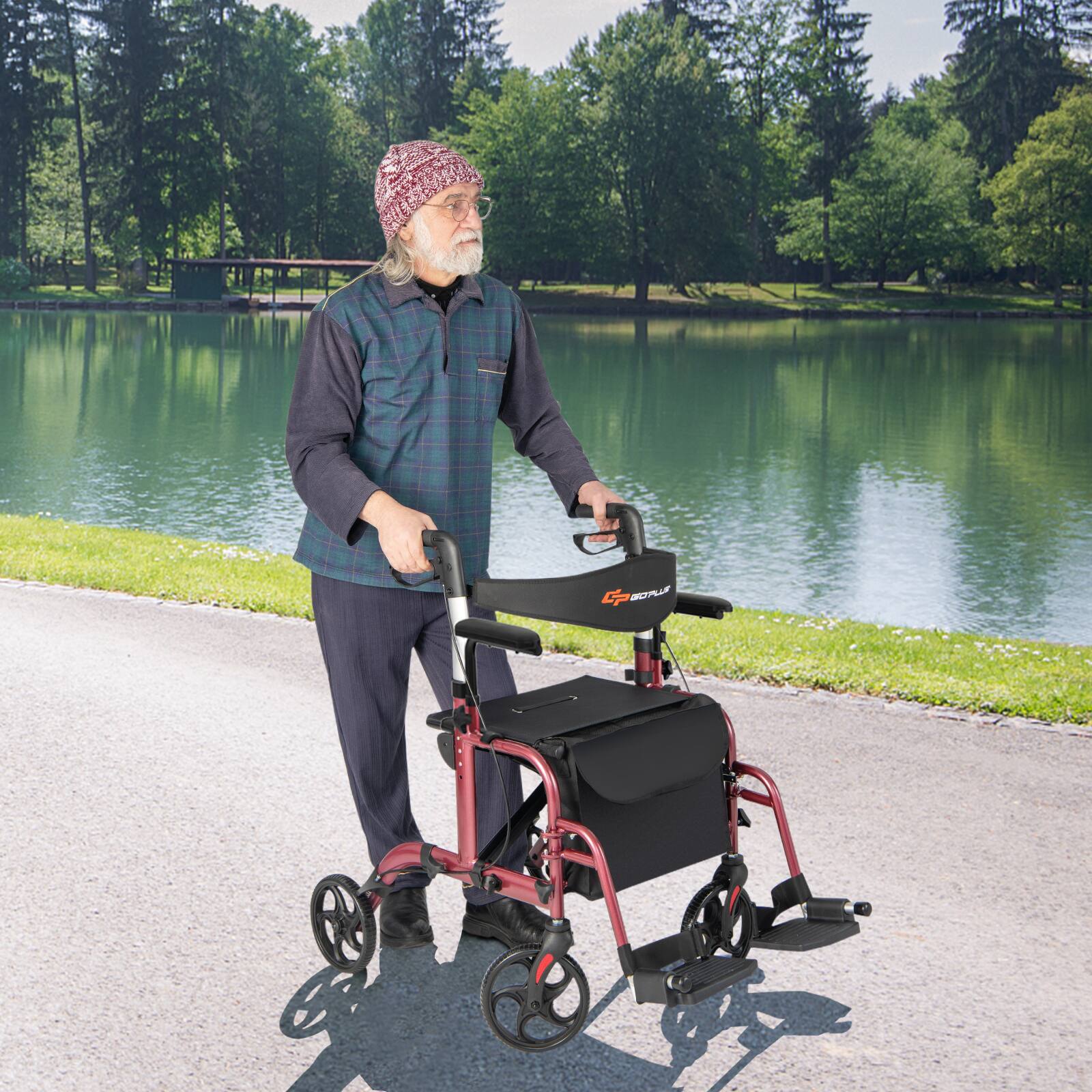 Alt View 2. Costway - Costway Folding Rollator Walker with Seat & 8" Wheels Supports up to 300 lbs Red - Red.