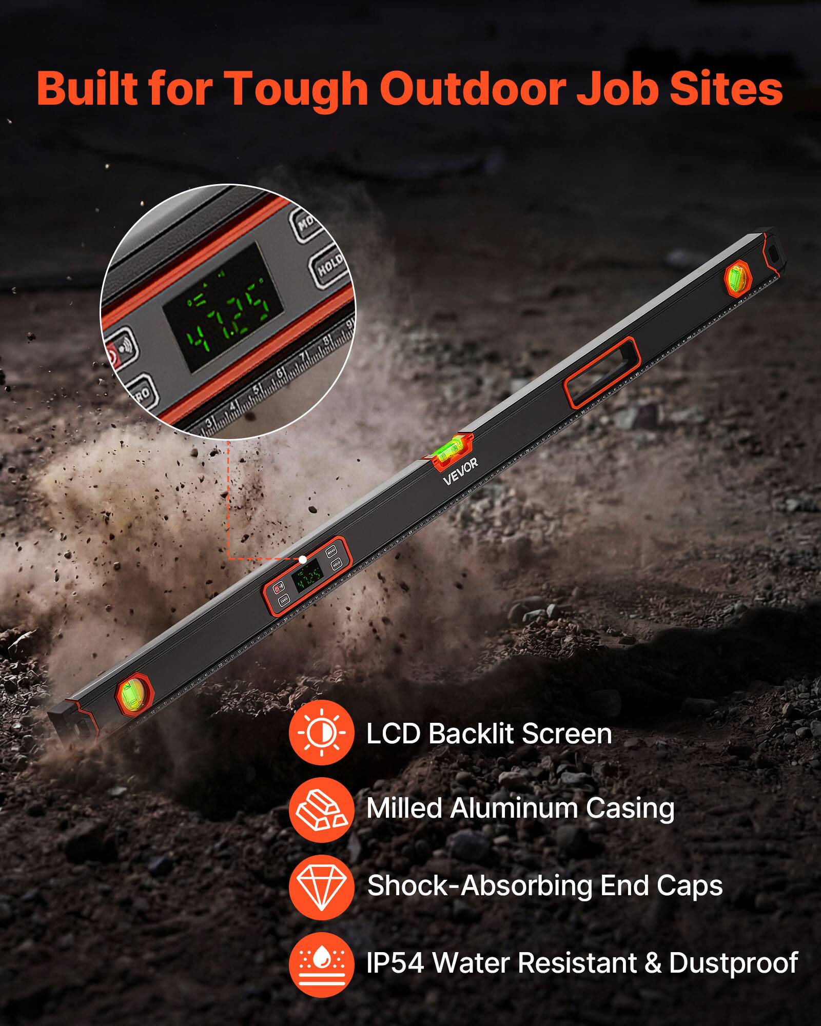 Built for Tough Outdoor Job Sites

MO HOLD 4125

- LCD Backlit Screen
- Milled Aluminum Casing
- Shock-Absorbing End Caps
- IP54 Water Resistant & Dustproof