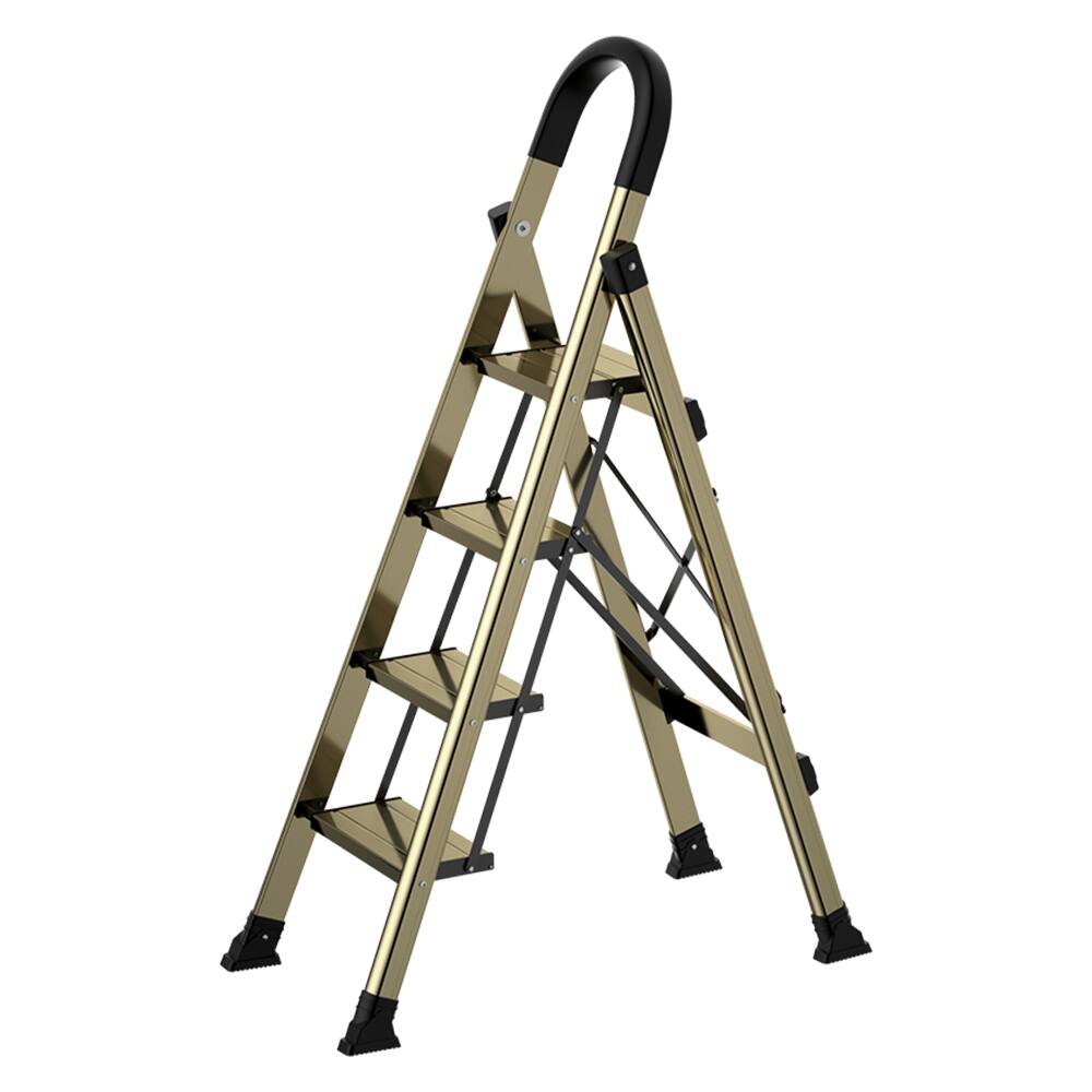 Front. Topteng - 4-Step Folding Ladder, Ultra-Slim 2.8" Fold, 330lb Load, Wide Anti-Slip Pedal,Aerospace Aluminum for Home & Office, Gold - Gold.