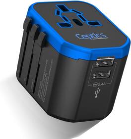 Ceptics - World Travel Adapter with Dual USB – Universal Plug Converter Type A, C, G, I – EU, UK, US, Australia - Black