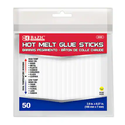 BAZIC 2095
HOT MELT GLUE STICKS
BARRAS PEGAMENTO • BÂTON DE COLLE CHAUDE
DUAL TEMPERATURE BONDING
HIGH TEMP BOND ON:
- WOOD
- METAL
- PLASTIC
- RUBBER
- CERAMICS
- GLASS
- LEATHER
LOW TEMP BOND ON:
- FOAM
- FABRIC
- FLORAL
- LACE
- RIBBON
MINI SIZE
50
3.9 in. x 0.27 in. (100 mm x 7 mm)