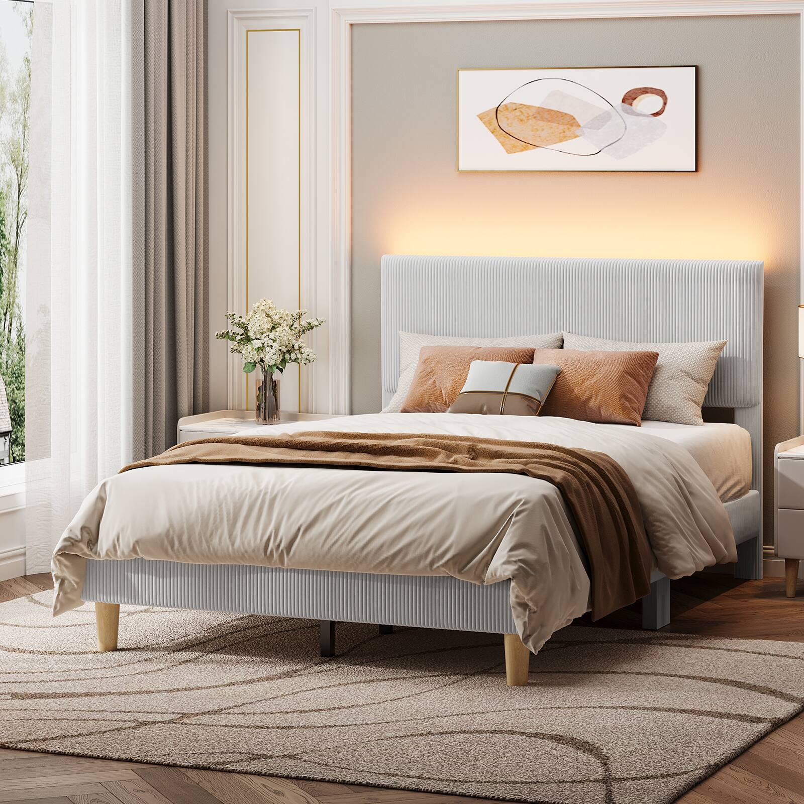 Left. Bestier - Full Size Corduroy Upholstered Bed Frame Adjustable Headboard, Warm LED Light & No Box Spring Needed - Light Grey.